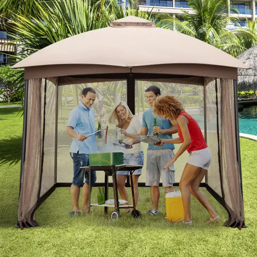 10 X 10 Feet Patio Double-Vent Gazebo with Privacy Netting and 4 Sandbags-Khaki