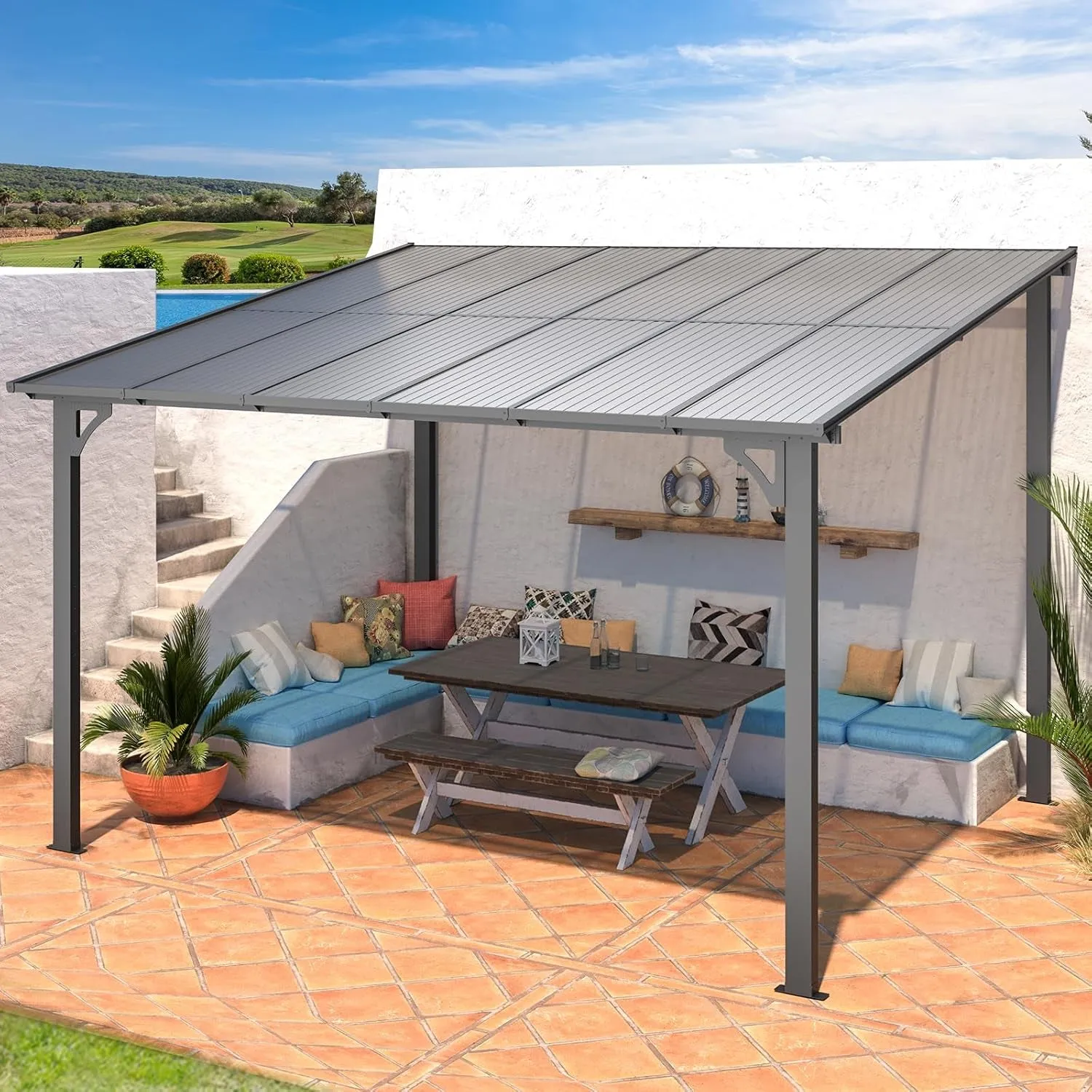 10' X 12' Outdoor Pergola Gazebo, Wall-Mounted Lean to Metal Awnings Gazebos on Clearance for Patio, Large Panel Roof Pergolas and Gazebo for Outdoor Use