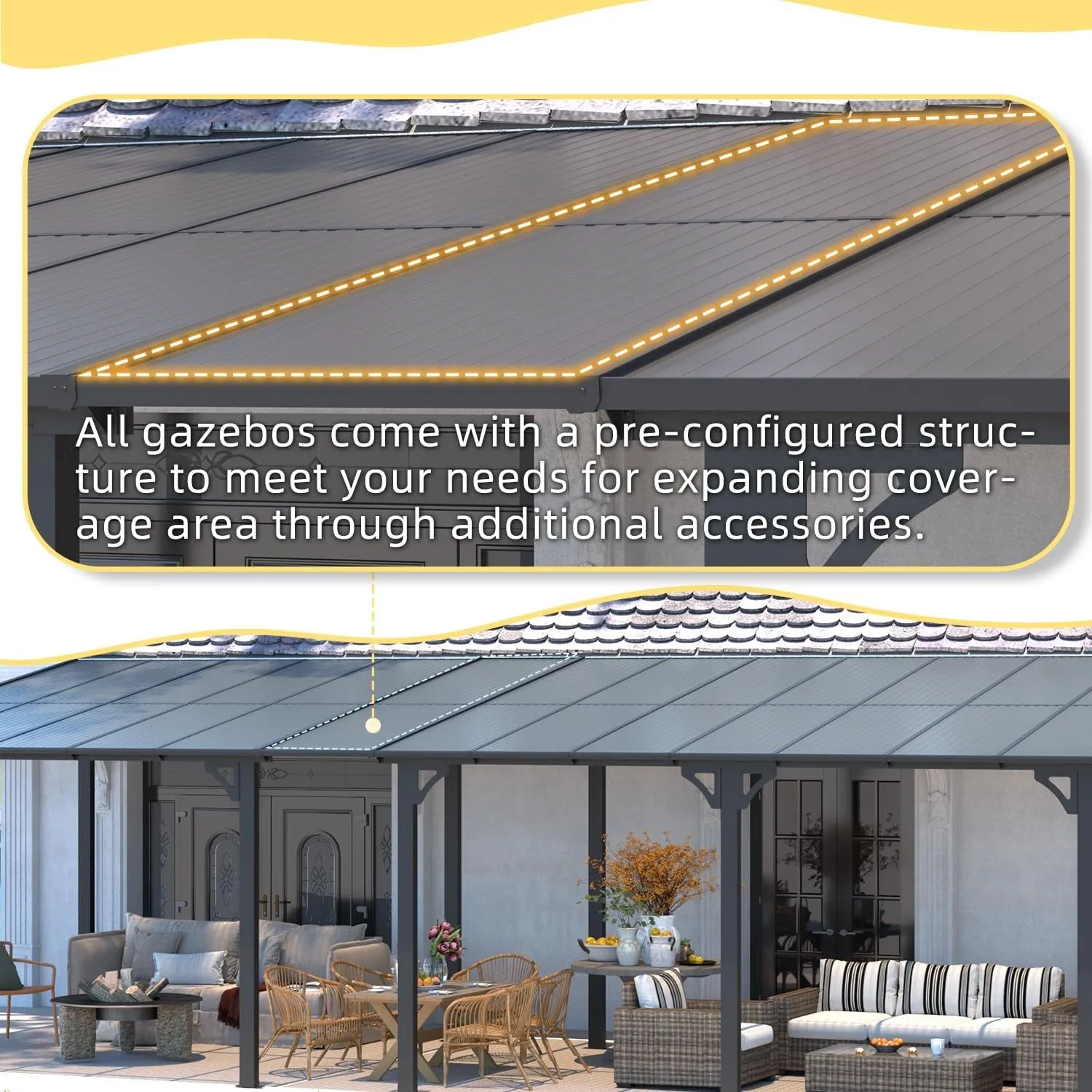 10' X 12' Outdoor Pergola Gazebo, Wall-Mounted Lean to Metal Awnings Gazebos on Clearance for Patio, Large Panel Roof Pergolas and Gazebo for Outdoor Use