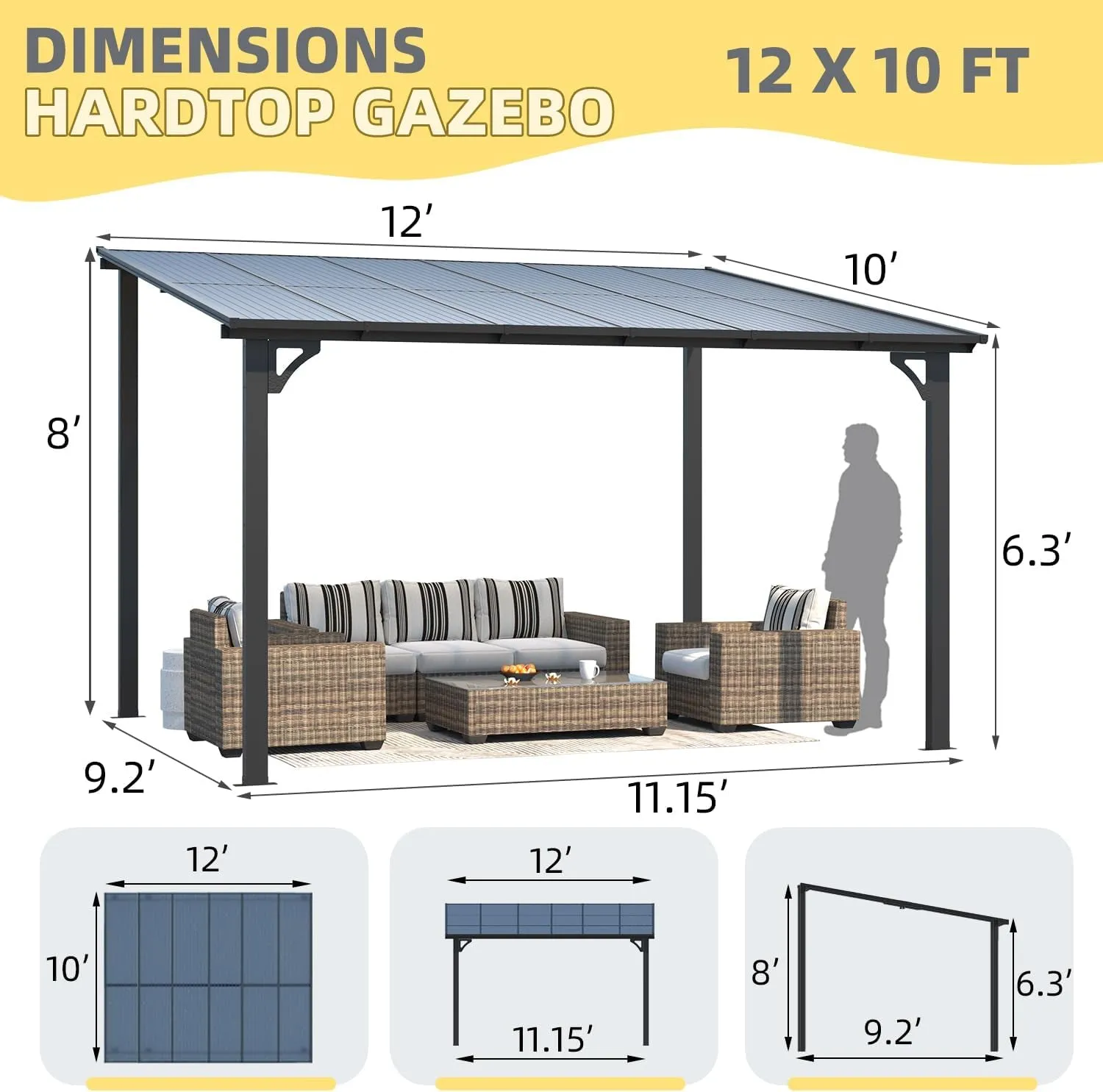 10' X 12' Outdoor Pergola Gazebo, Wall-Mounted Lean to Metal Awnings Gazebos on Clearance for Patio, Large Panel Roof Pergolas and Gazebo for Outdoor Use