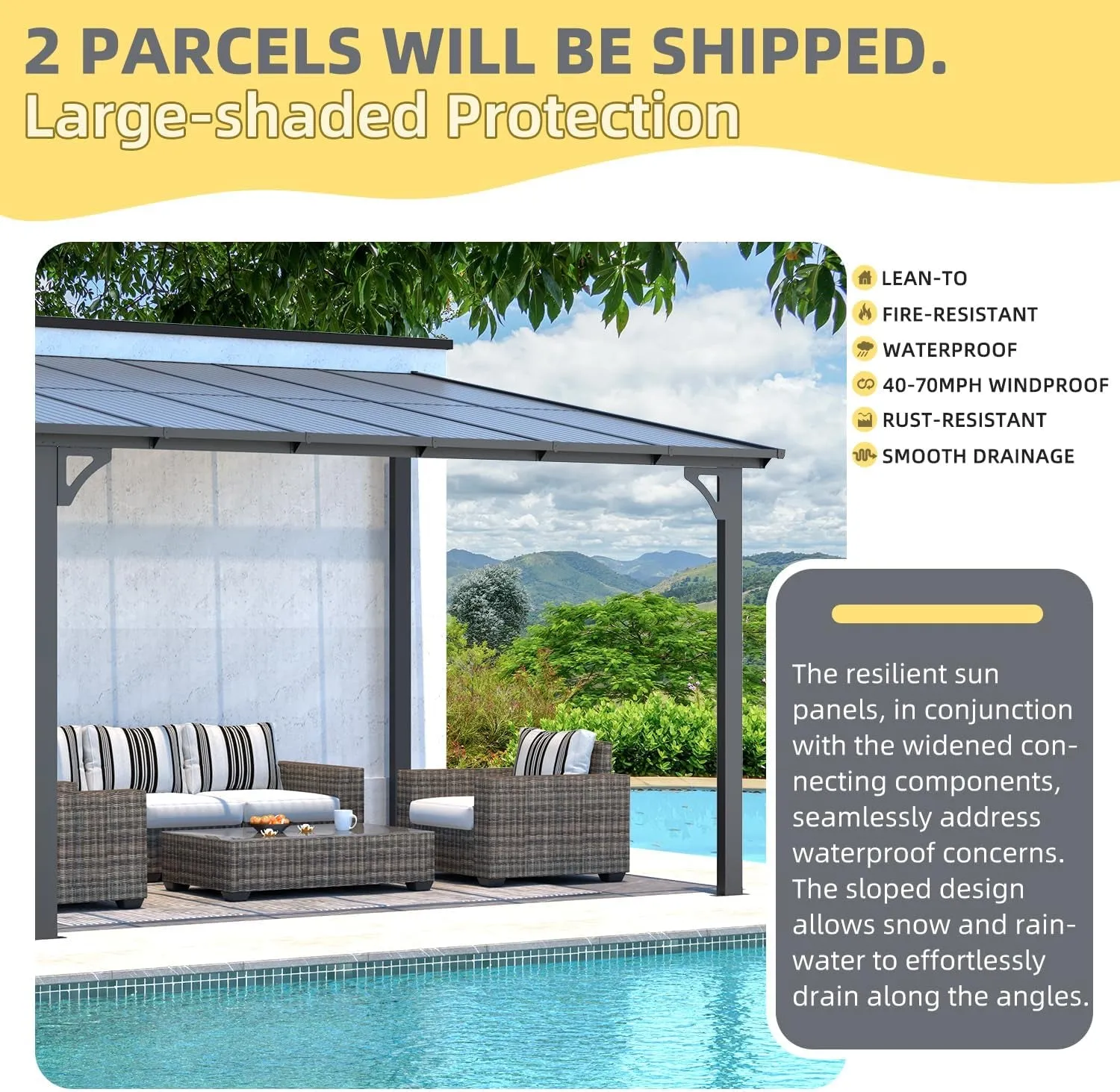 10' X 12' Outdoor Pergola Gazebo, Wall-Mounted Lean to Metal Awnings Gazebos on Clearance for Patio, Large Panel Roof Pergolas and Gazebo for Outdoor Use