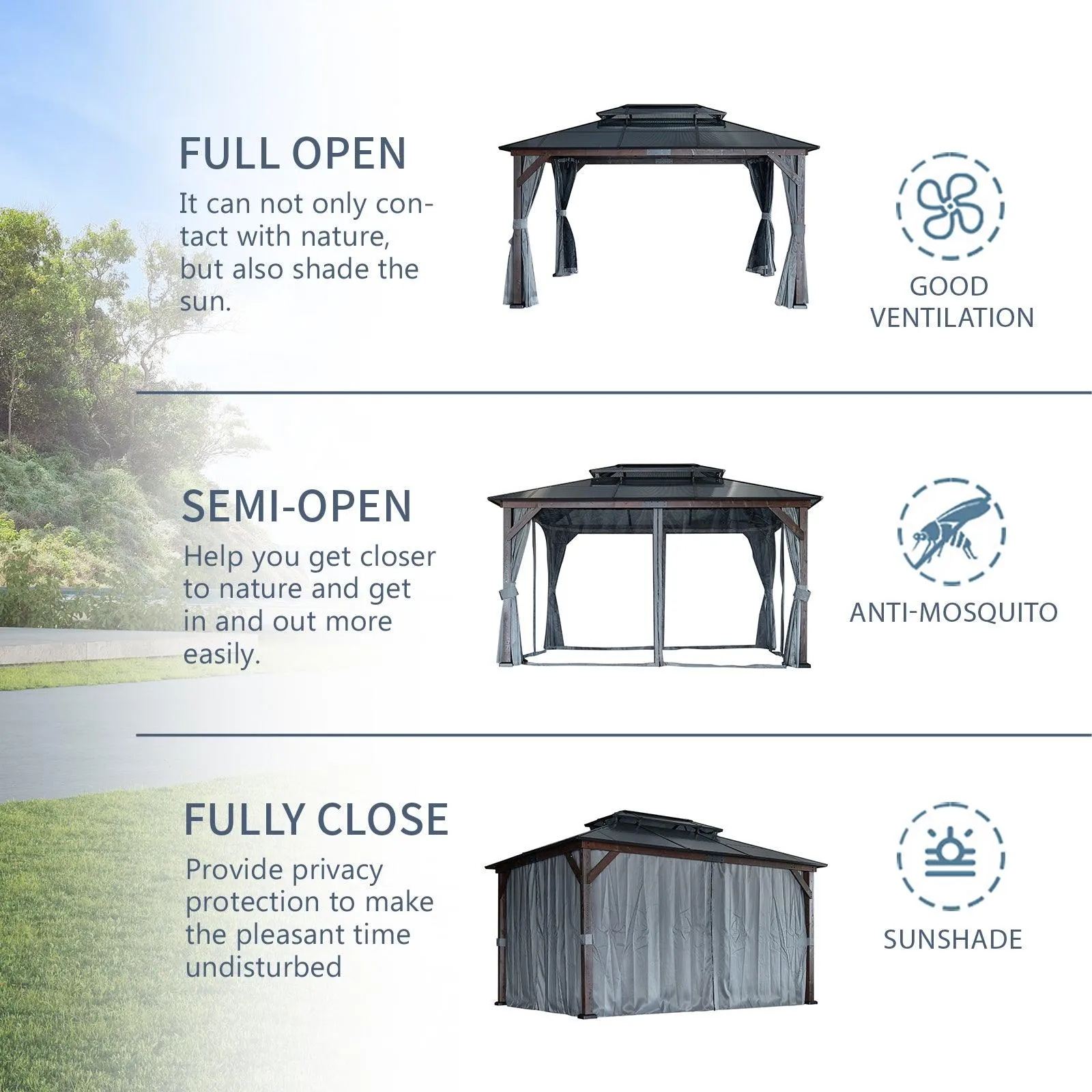 10' x 13' Hardtop Wood Gazebo for Patios, Polycarbonate Double Roof Canopy, Solid Wooden Framed Gazebo