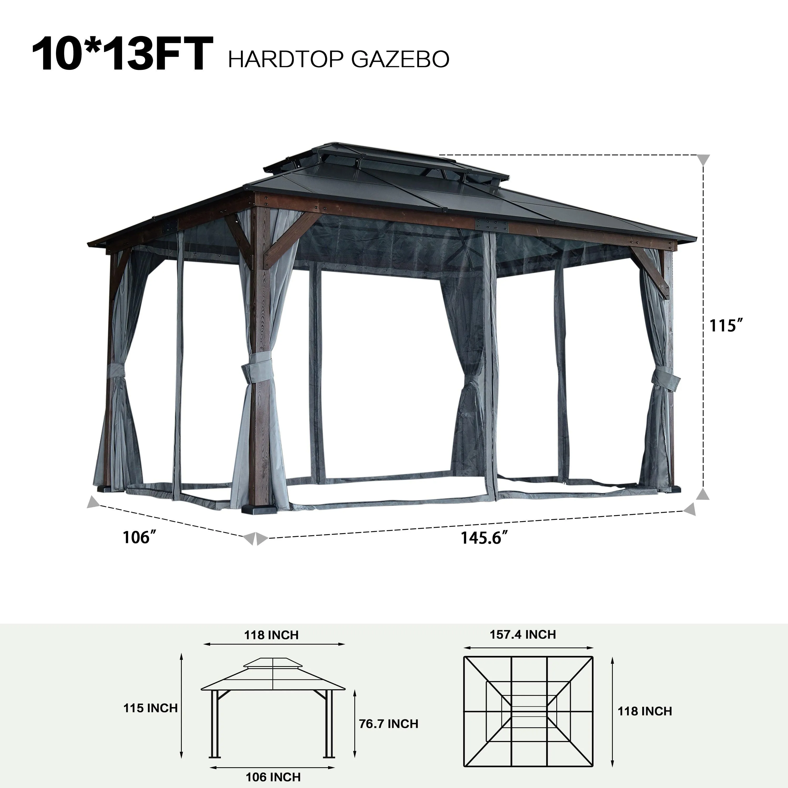 10' x 13' Hardtop Wood Gazebo for Patios, Polycarbonate Double Roof Canopy, Solid Wooden Framed Gazebo