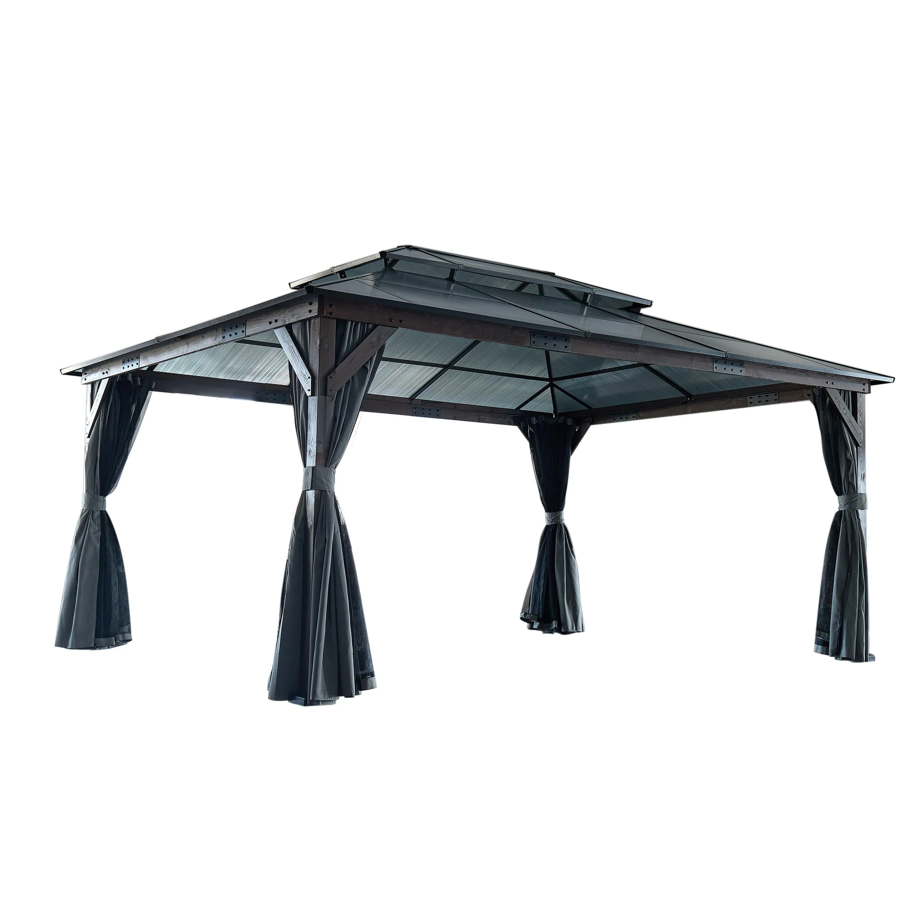 10' x 13' Hardtop Wood Gazebo for Patios, Polycarbonate Double Roof Canopy, Solid Wooden Framed Gazebo