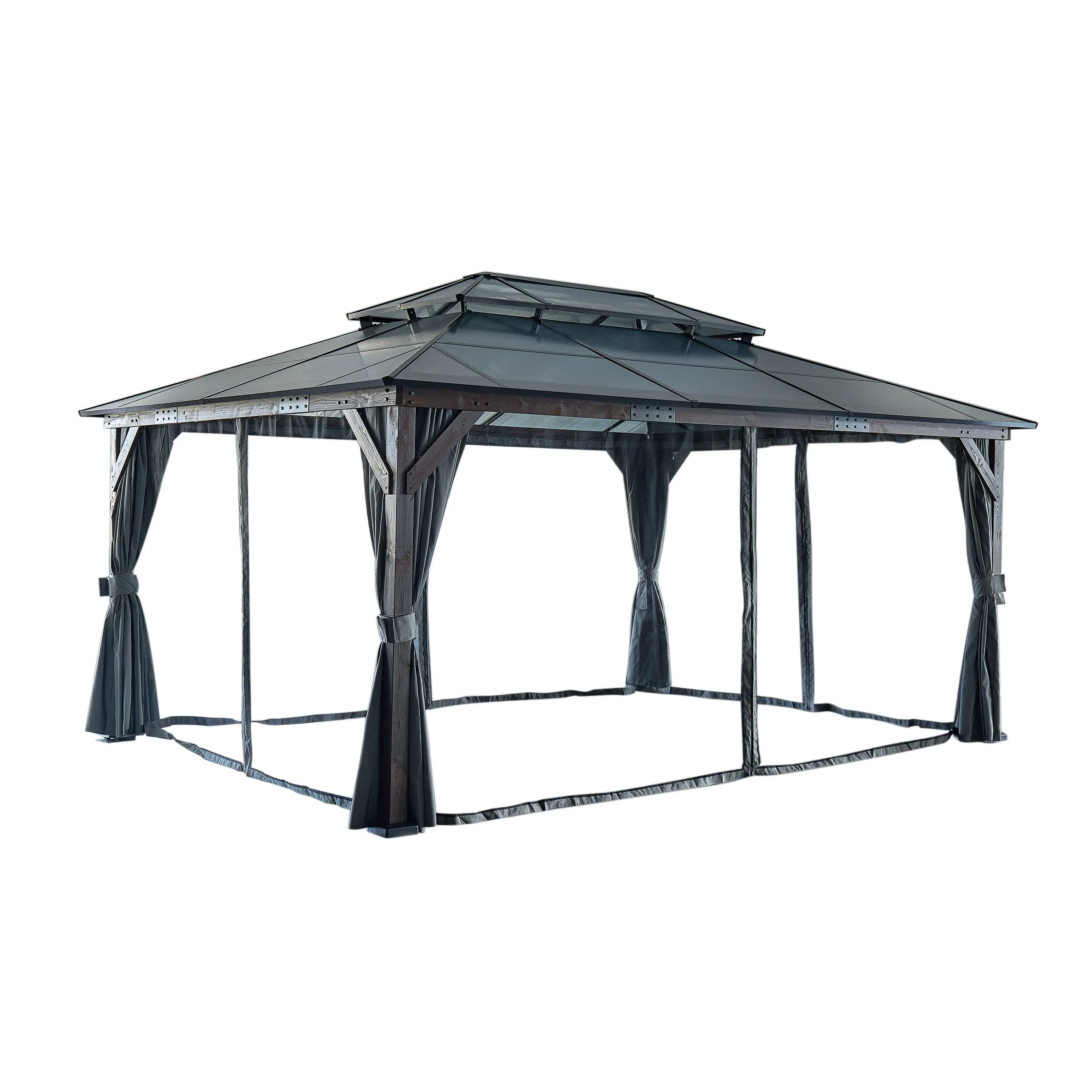 10' x 13' Hardtop Wood Gazebo for Patios, Polycarbonate Double Roof Canopy, Solid Wooden Framed Gazebo