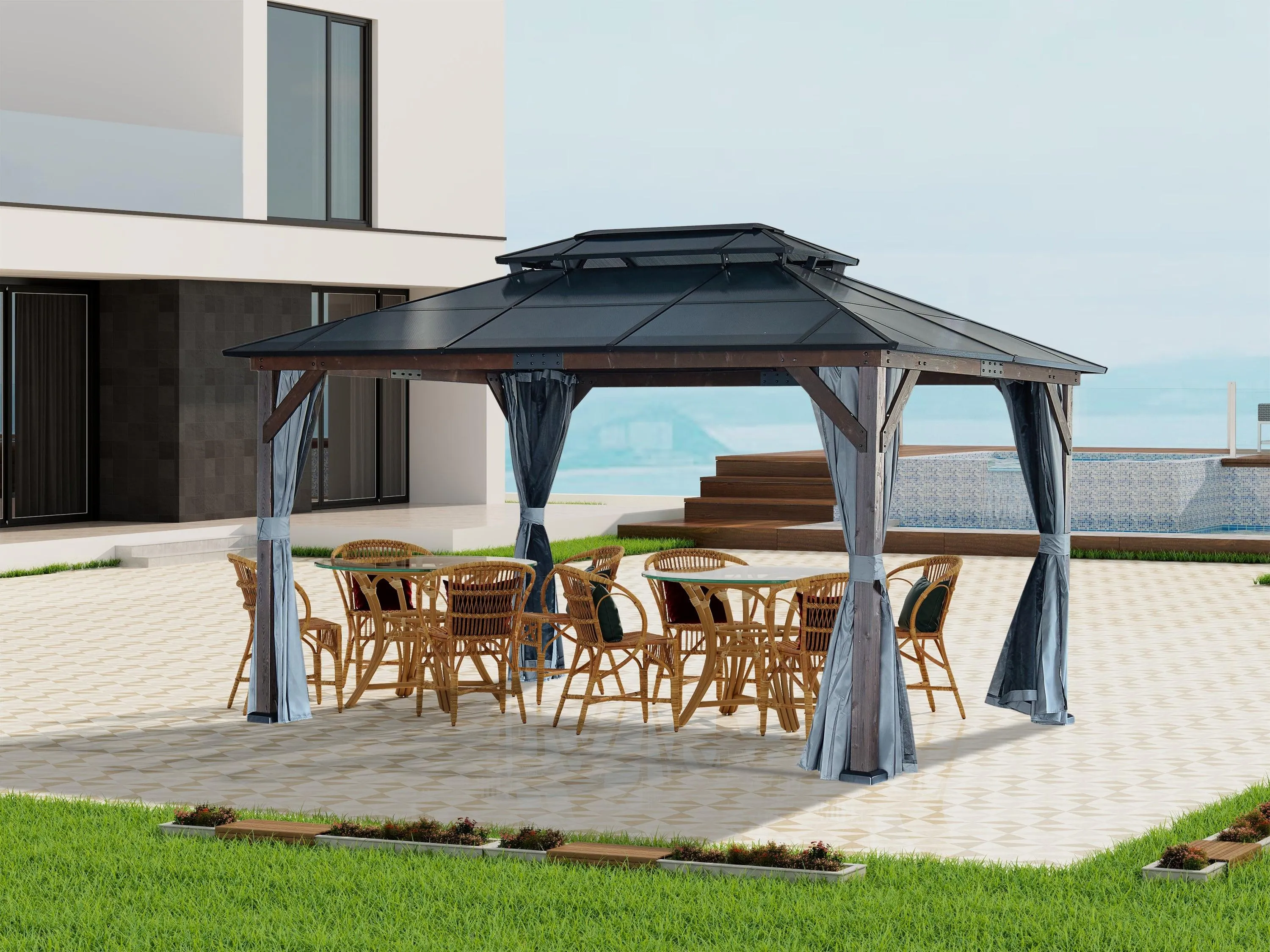 10' x 13' Hardtop Wood Gazebo for Patios, Polycarbonate Double Roof Canopy, Solid Wooden Framed Gazebo