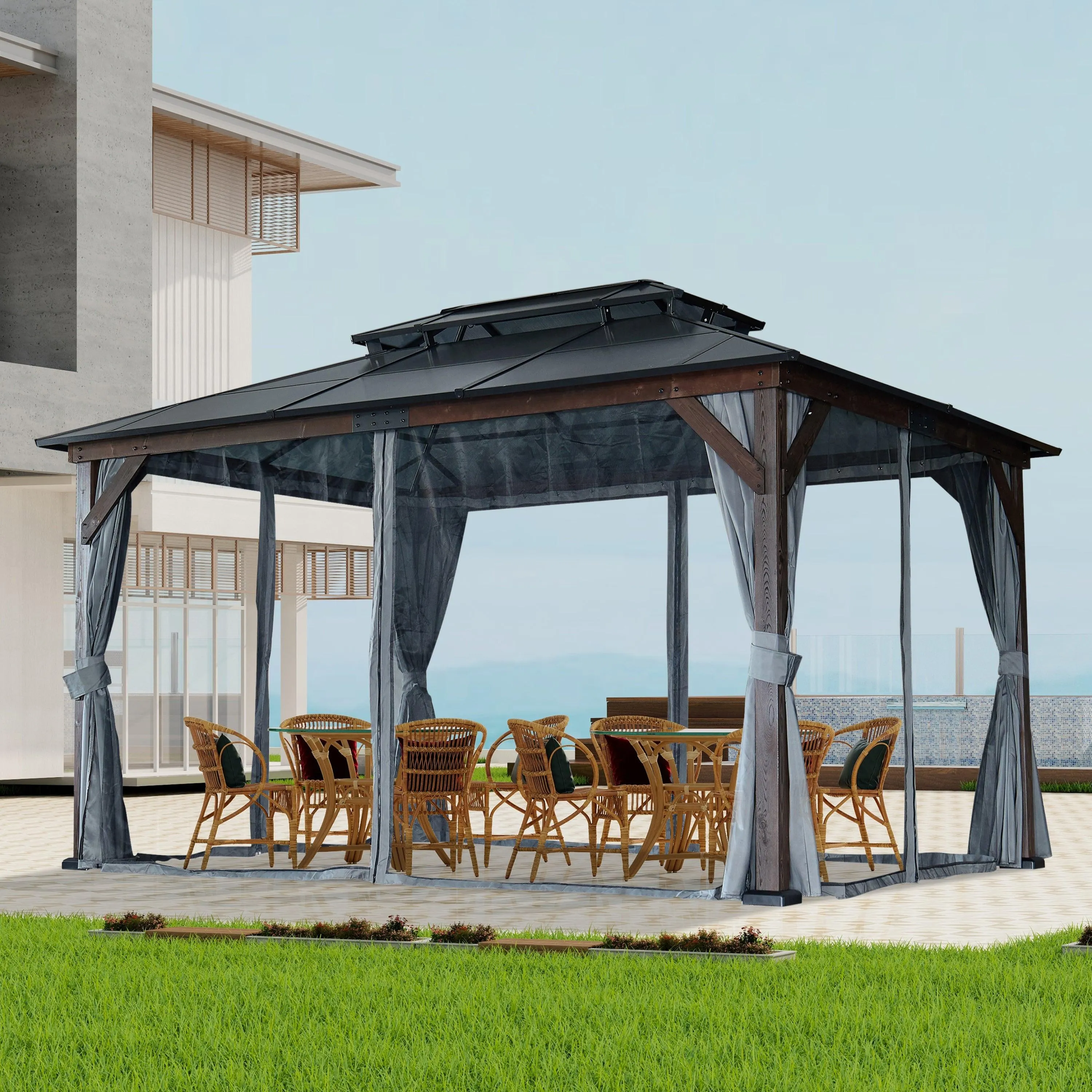 10' x 13' Hardtop Wood Gazebo for Patios, Polycarbonate Double Roof Canopy, Solid Wooden Framed Gazebo