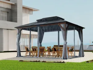 10' x 13' Hardtop Wood Gazebo for Patios, Polycarbonate Double Roof Canopy, Solid Wooden Framed Gazebo