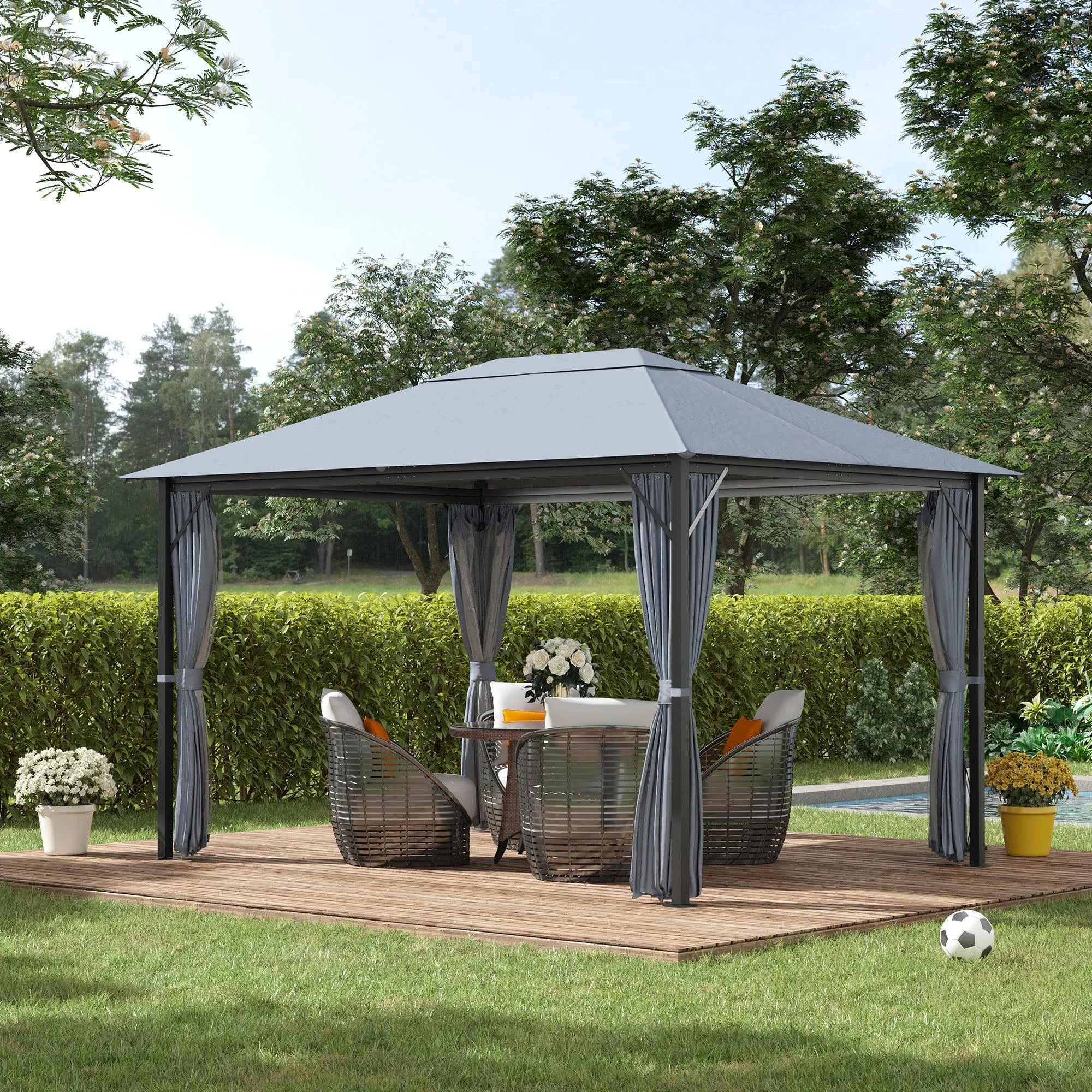 10' x 13' Patio Gazebo, Aluminum Frame, Outdoor Gazebo Canopy Shelter with Netting & Curtains, Gray