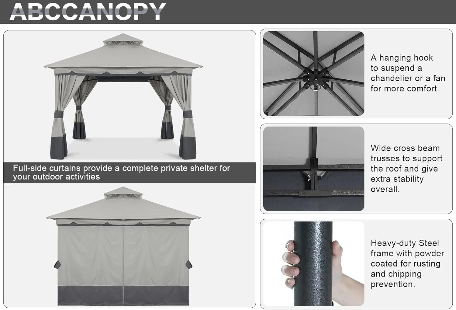 10'X10' Outdoor Gazebo, Double Roof Patio Gazebo with Shade Curtains, Light Gray