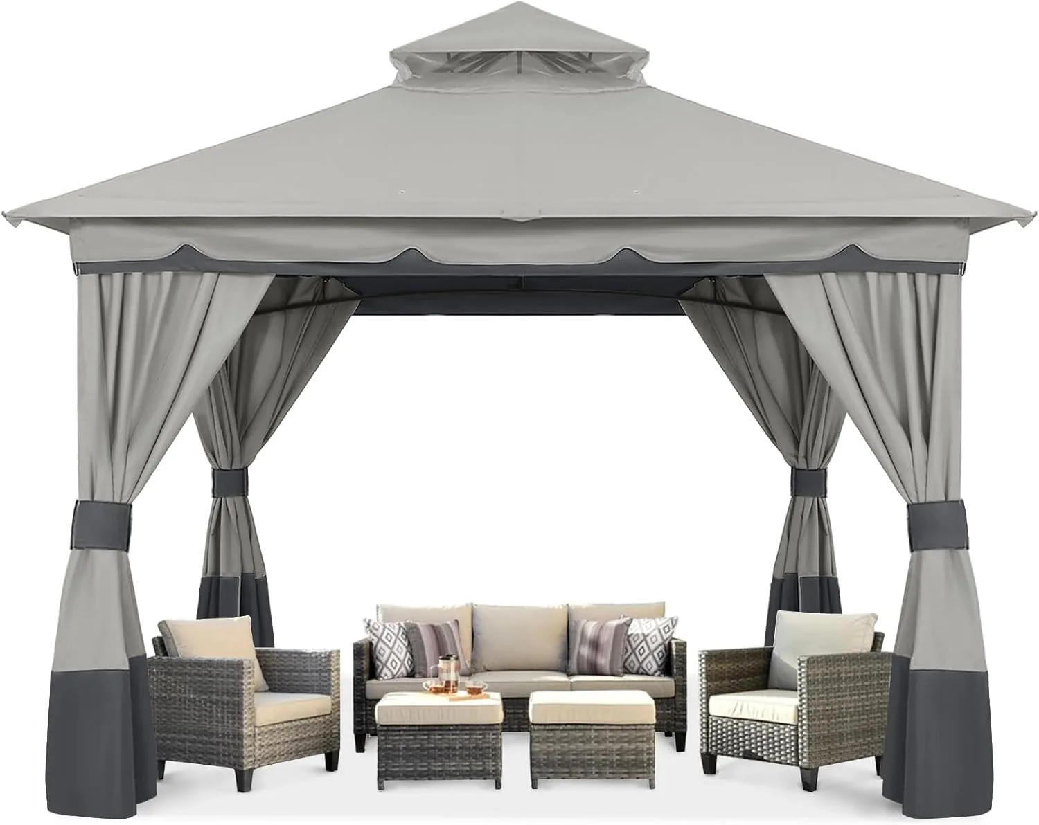 10'X10' Outdoor Gazebo, Double Roof Patio Gazebo with Shade Curtains, Light Gray