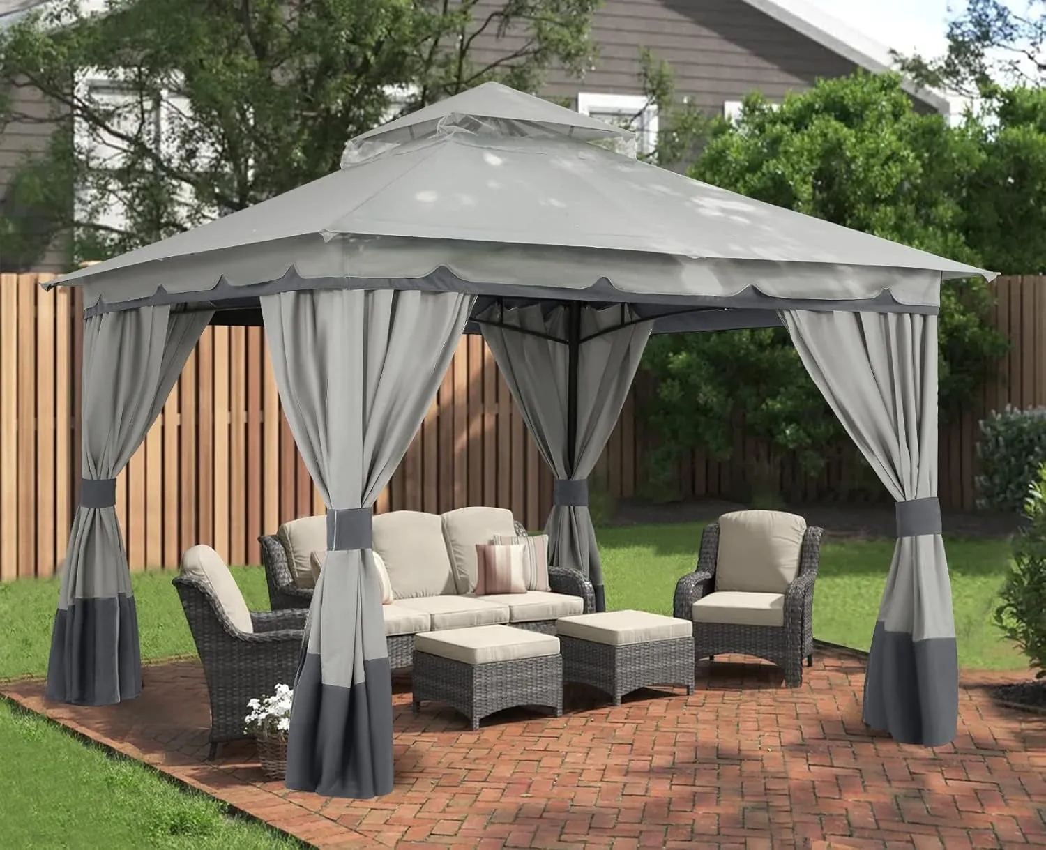 10'X10' Outdoor Gazebo, Double Roof Patio Gazebo with Shade Curtains, Light Gray