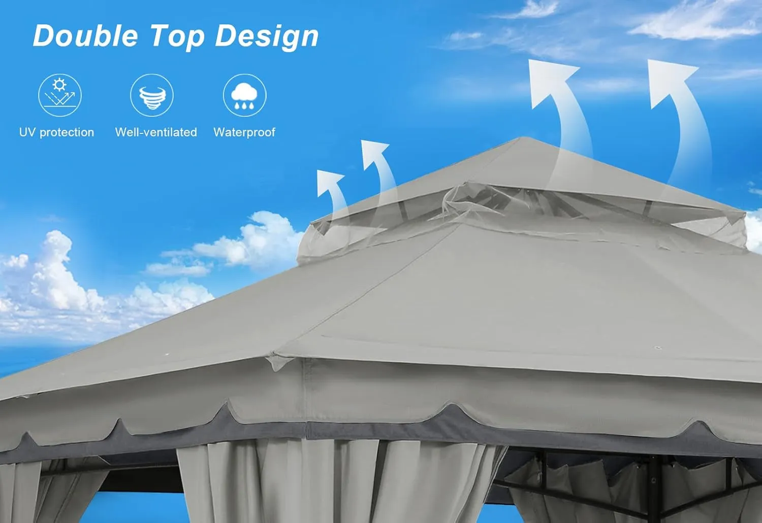 10'X10' Outdoor Gazebo, Double Roof Patio Gazebo with Shade Curtains, Light Gray