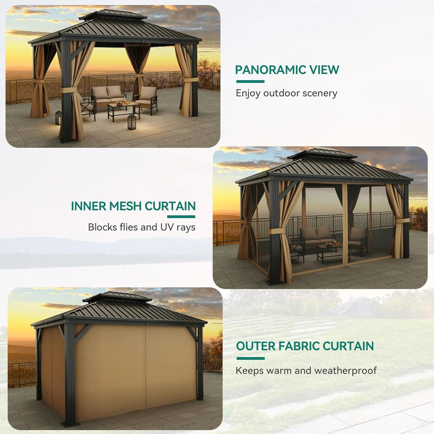 10X12Ft Gazebo Hardtop Double Roof Canopy W/Netting and Curtains, Outdoor Gazebo 2-Tier Galvanized Iron Aluminum Frame Garden Tent for Patio, Backyard, Deck and Lawns, Brown