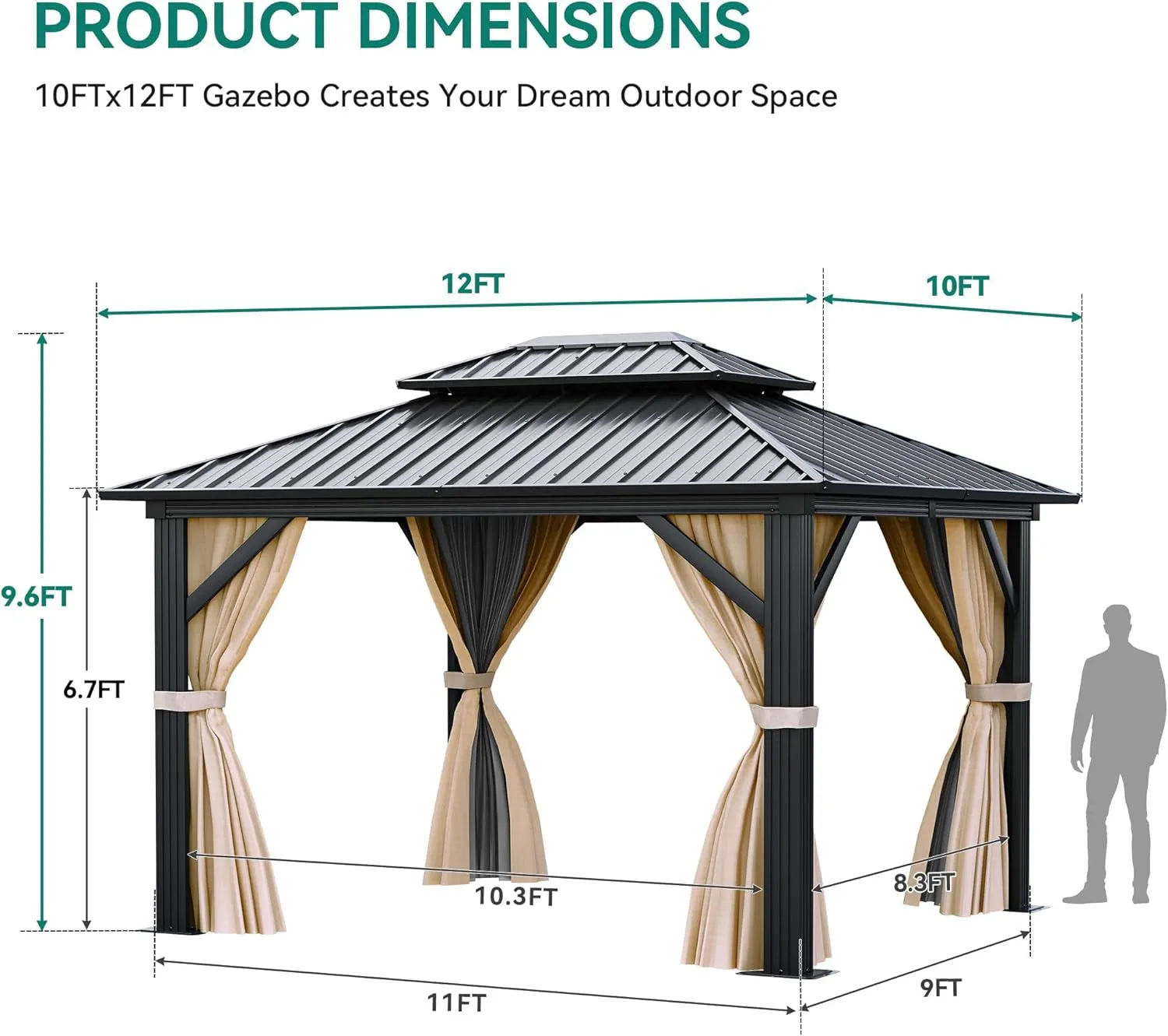 10X12Ft Gazebo Hardtop Double Roof Canopy W/Netting and Curtains, Outdoor Gazebo 2-Tier Galvanized Iron Aluminum Frame Garden Tent for Patio, Backyard, Deck and Lawns, Brown