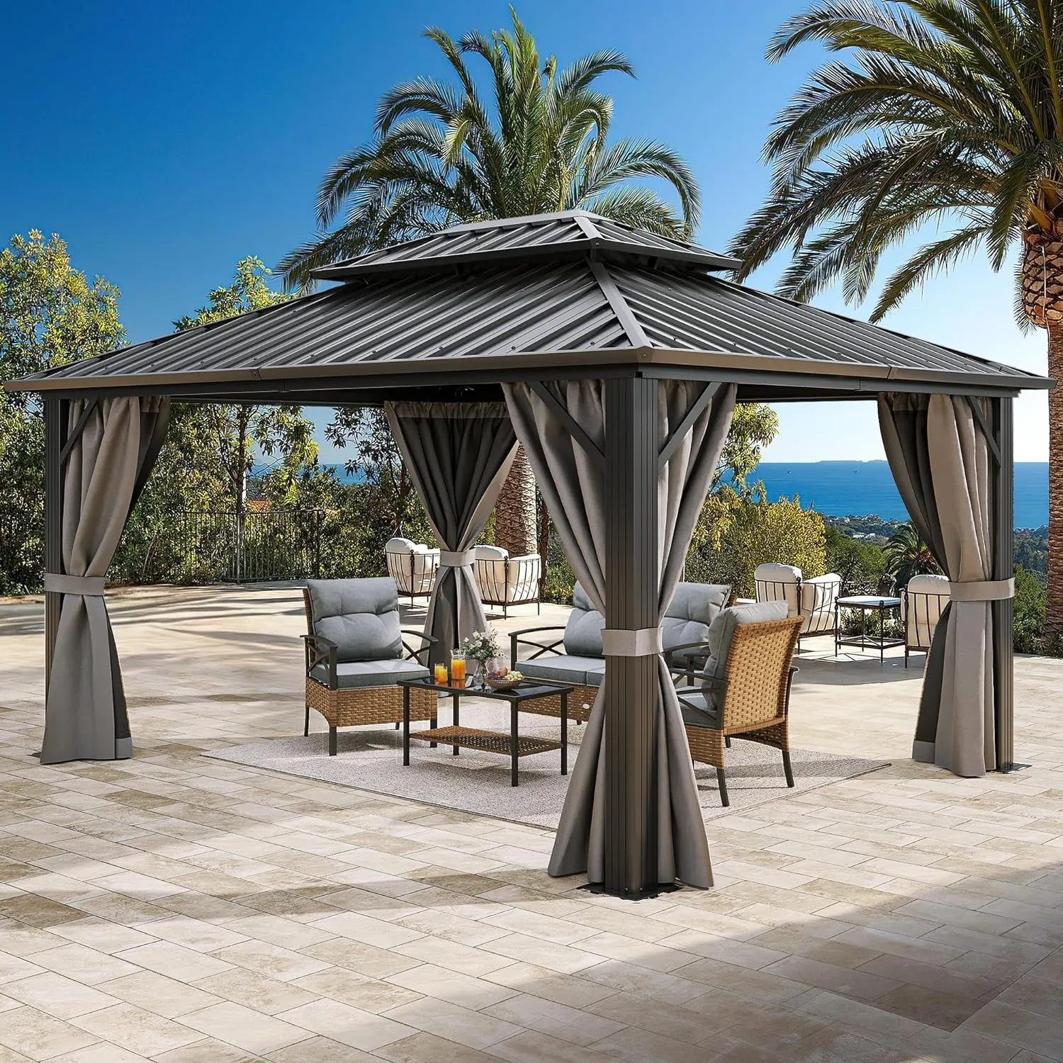 10X12Ft Hardtop Gazebo with Nettings and Curtains, Heavy Duty Double Roof Galvanized Steel Outdoor Combined of Vertical Stripes Roof for Patio, Backyard, Deck, Lawns, Gray