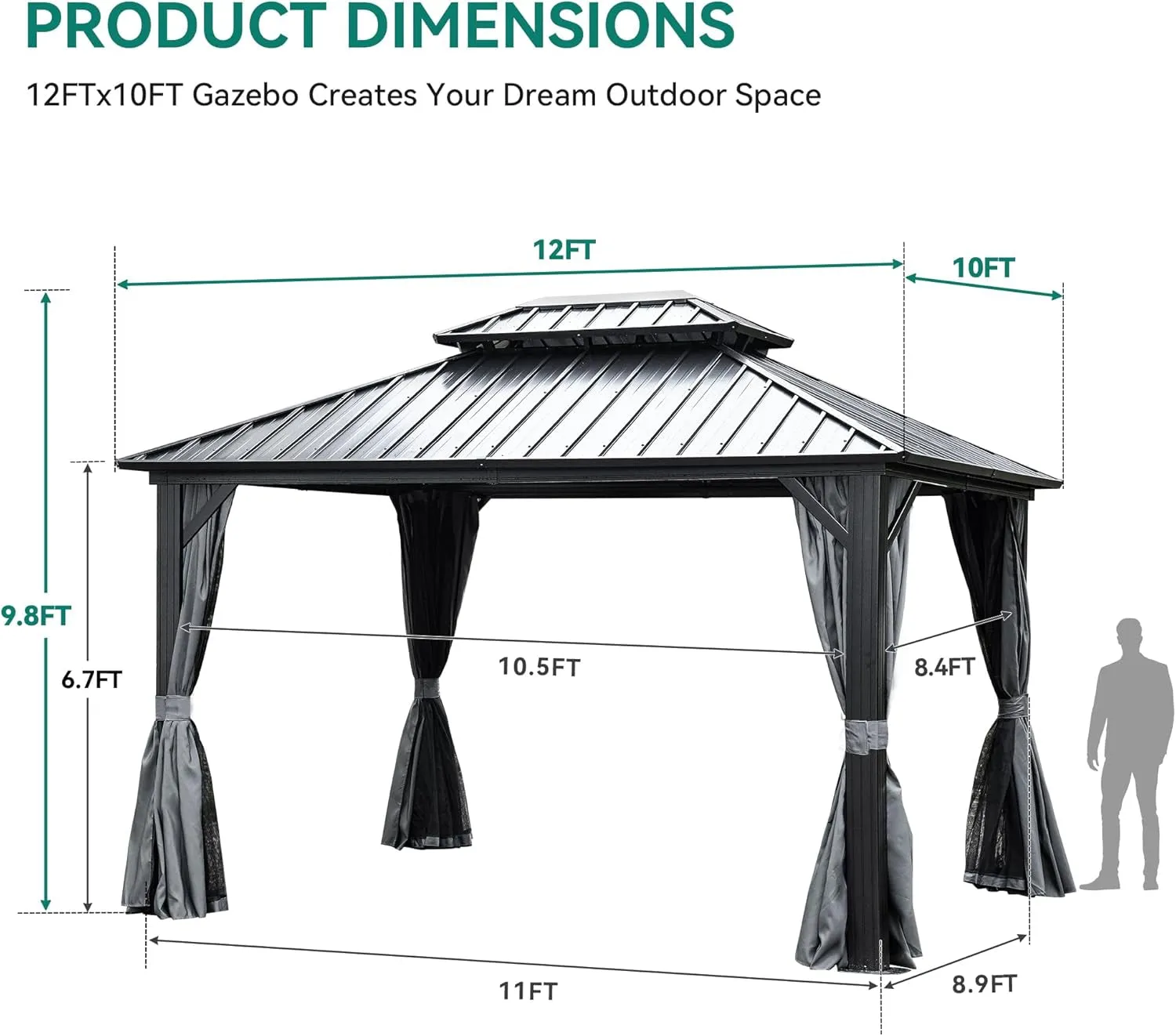 10X12Ft Hardtop Gazebo with Nettings and Curtains, Heavy Duty Double Roof Galvanized Steel Outdoor Combined of Vertical Stripes Roof for Patio, Backyard, Deck, Lawns, Gray