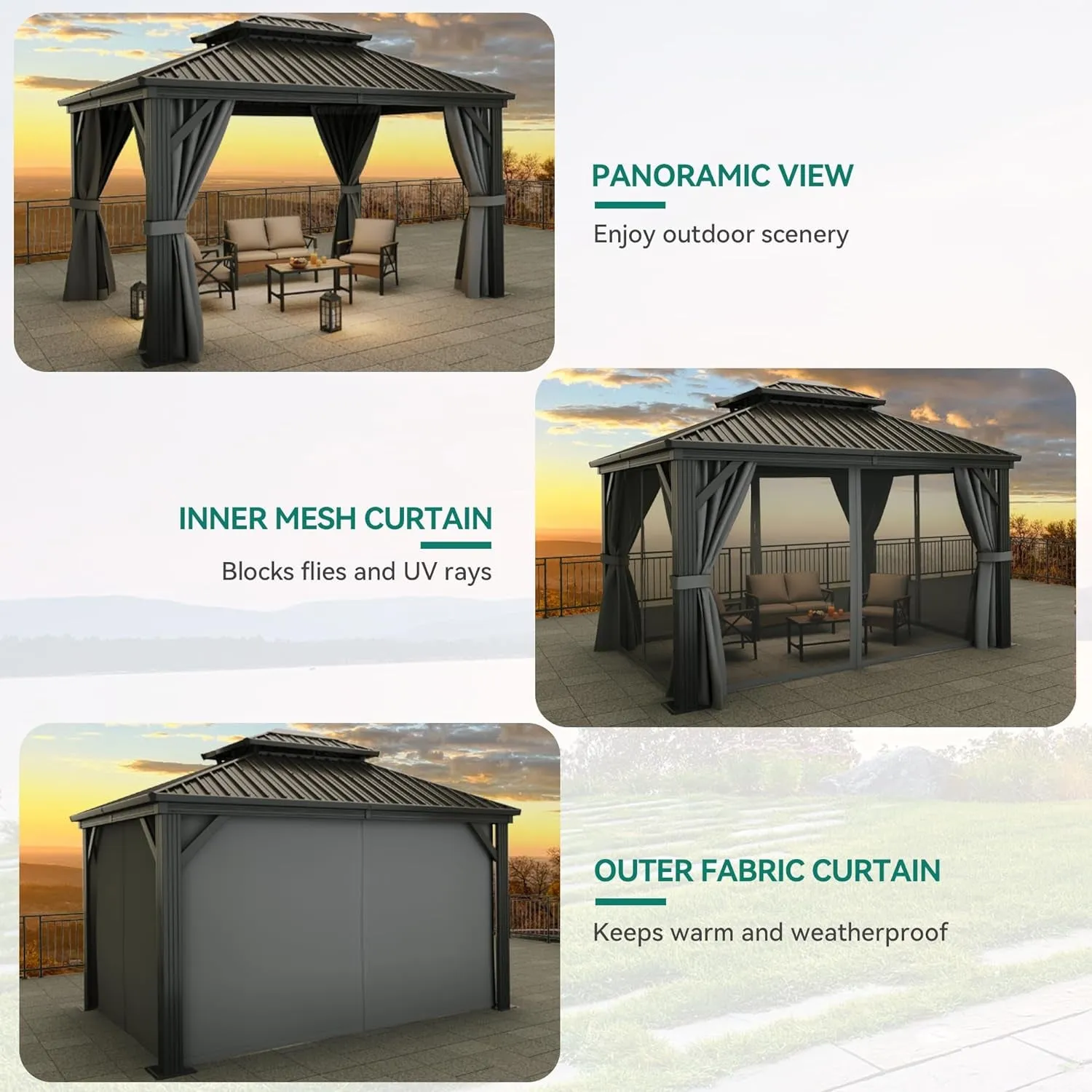 10X12Ft Hardtop Gazebo with Nettings and Curtains, Heavy Duty Double Roof Galvanized Steel Outdoor Combined of Vertical Stripes Roof for Patio, Backyard, Deck, Lawns, Gray