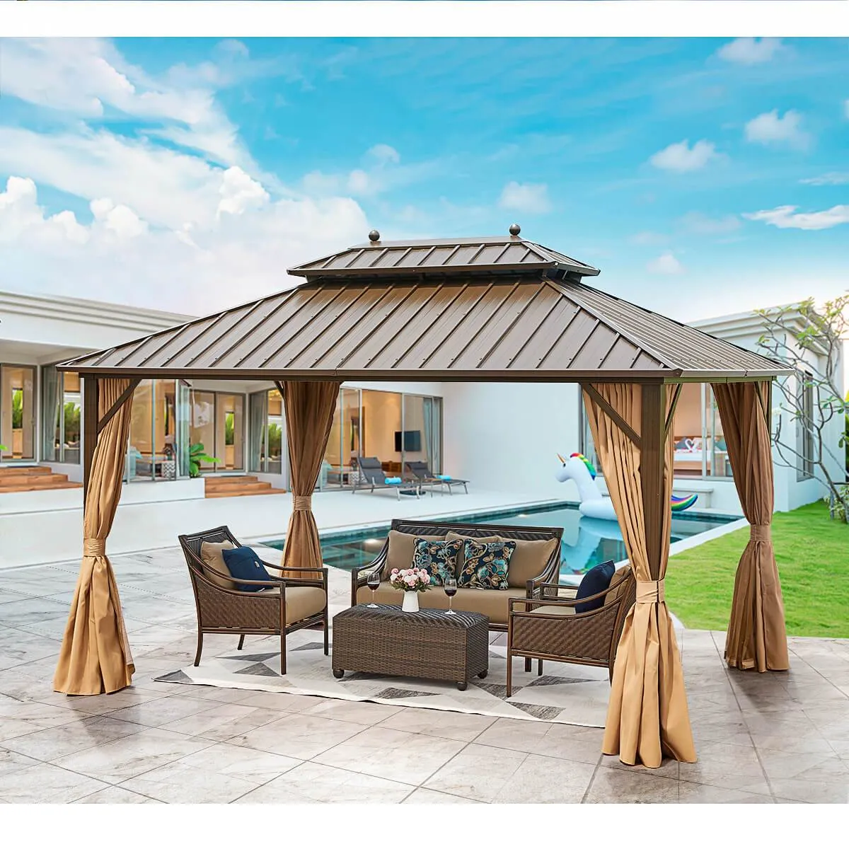 10'x13' Hardtop Gazebo Galvanized Steel Gazebos with Netting & Curtain