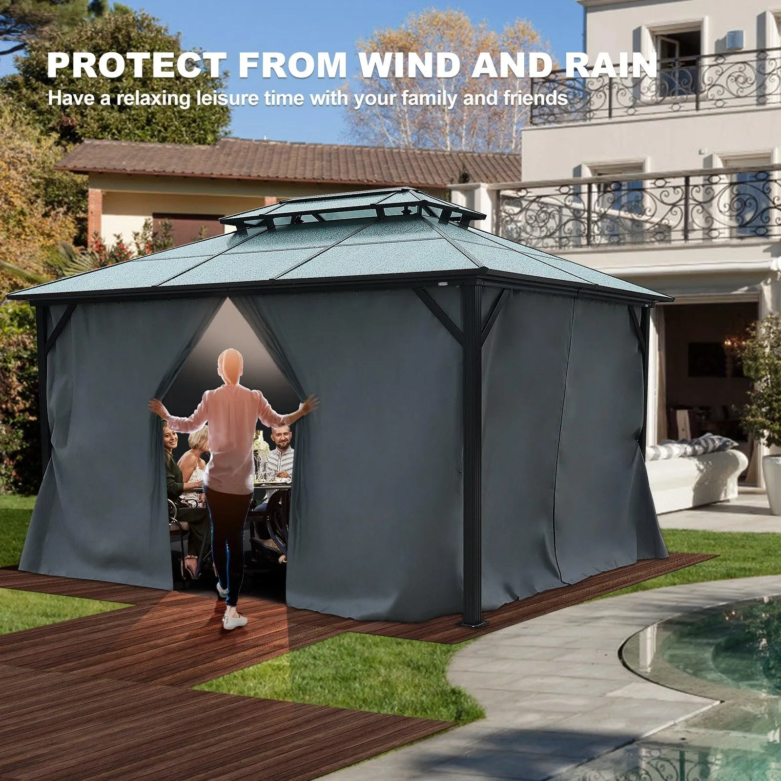 10X13ft Patio Gazebo with Netting & Curtains, Black