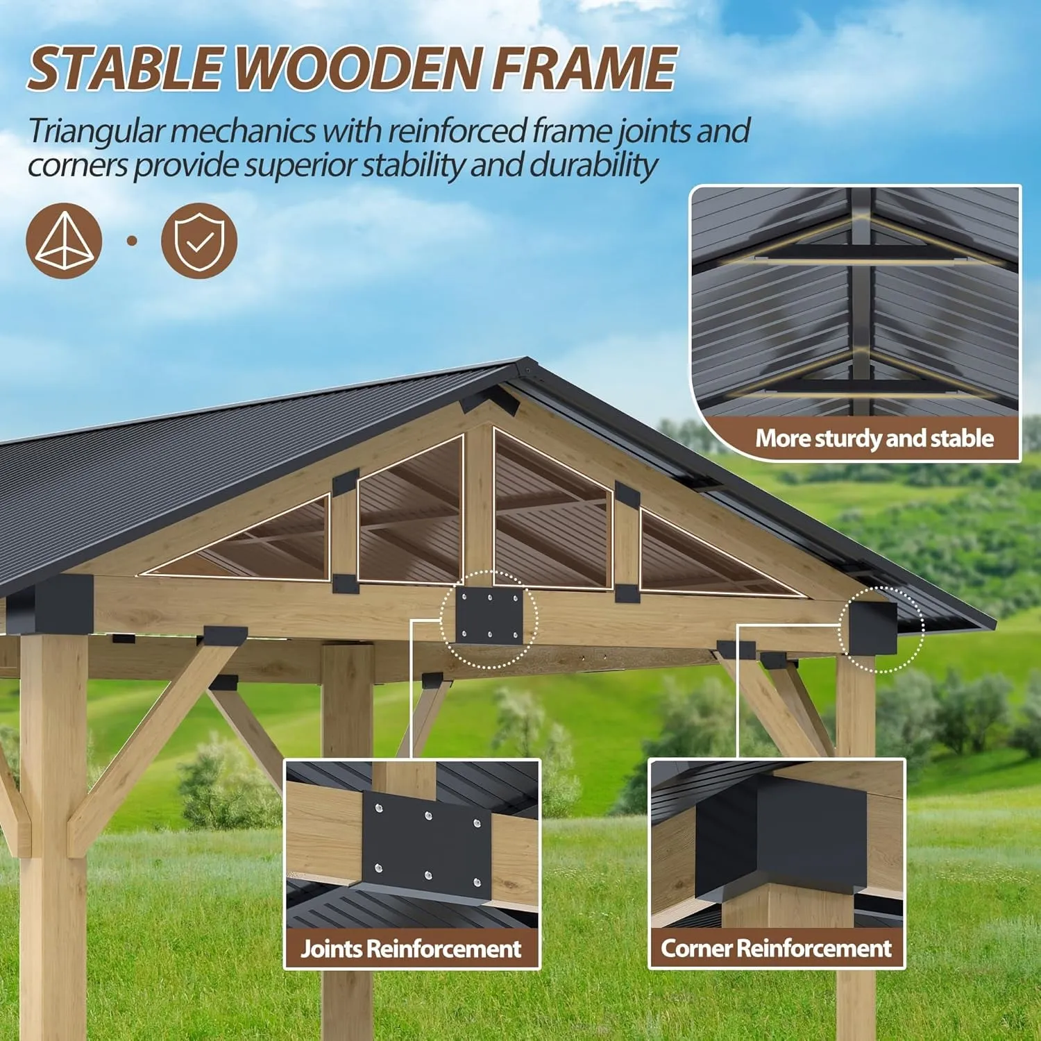 11' X 13' Wood Gazebo, Outdoor Hardtop Gazebo with Galvanized Steel Roof, Cedar Wooden Frame Gazebo for Garden, Patio, Deck