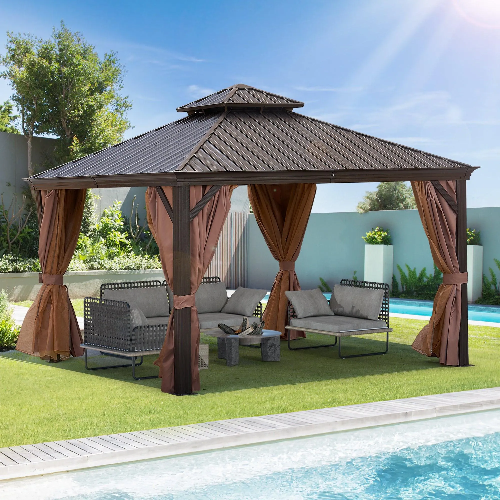 12*12FT Gazebo with steel canopy, Outdoor Permanent Hardtop Gazebo Canopy for Patio