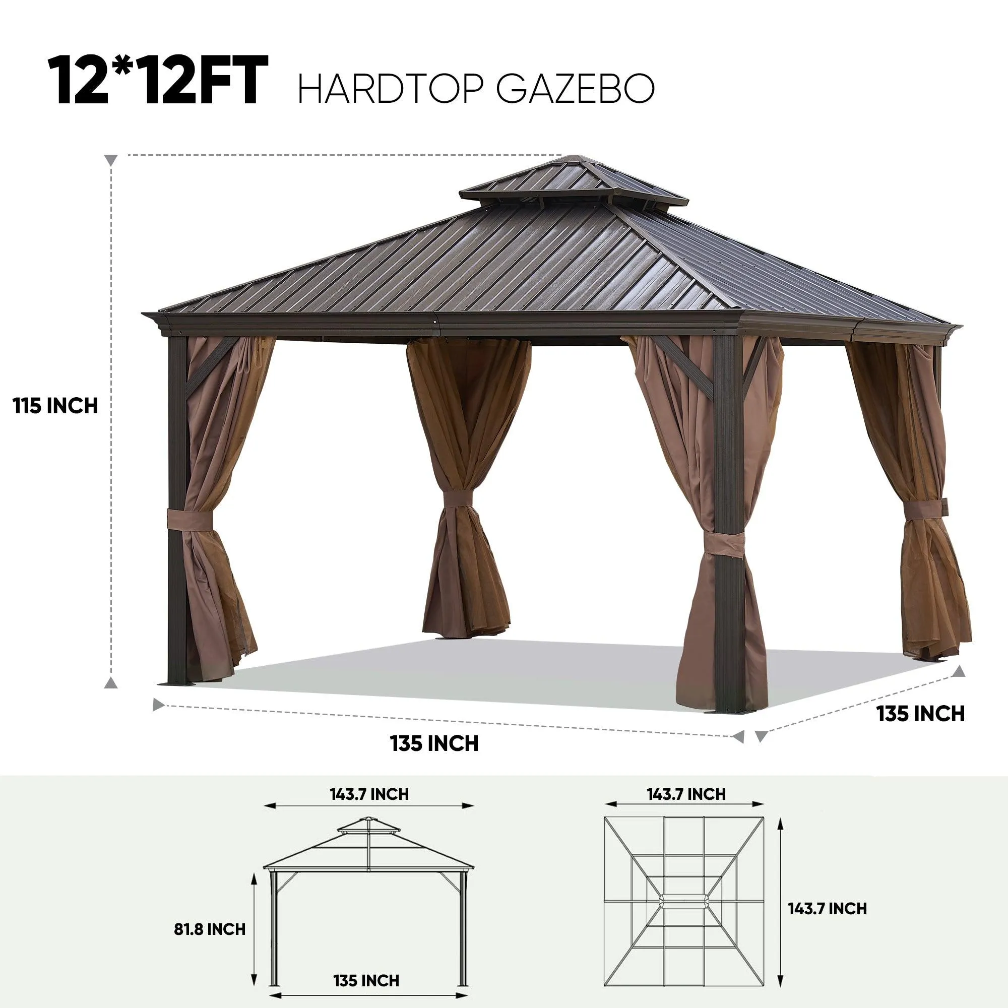 12*12FT Gazebo with steel canopy, Outdoor Permanent Hardtop Gazebo Canopy for Patio