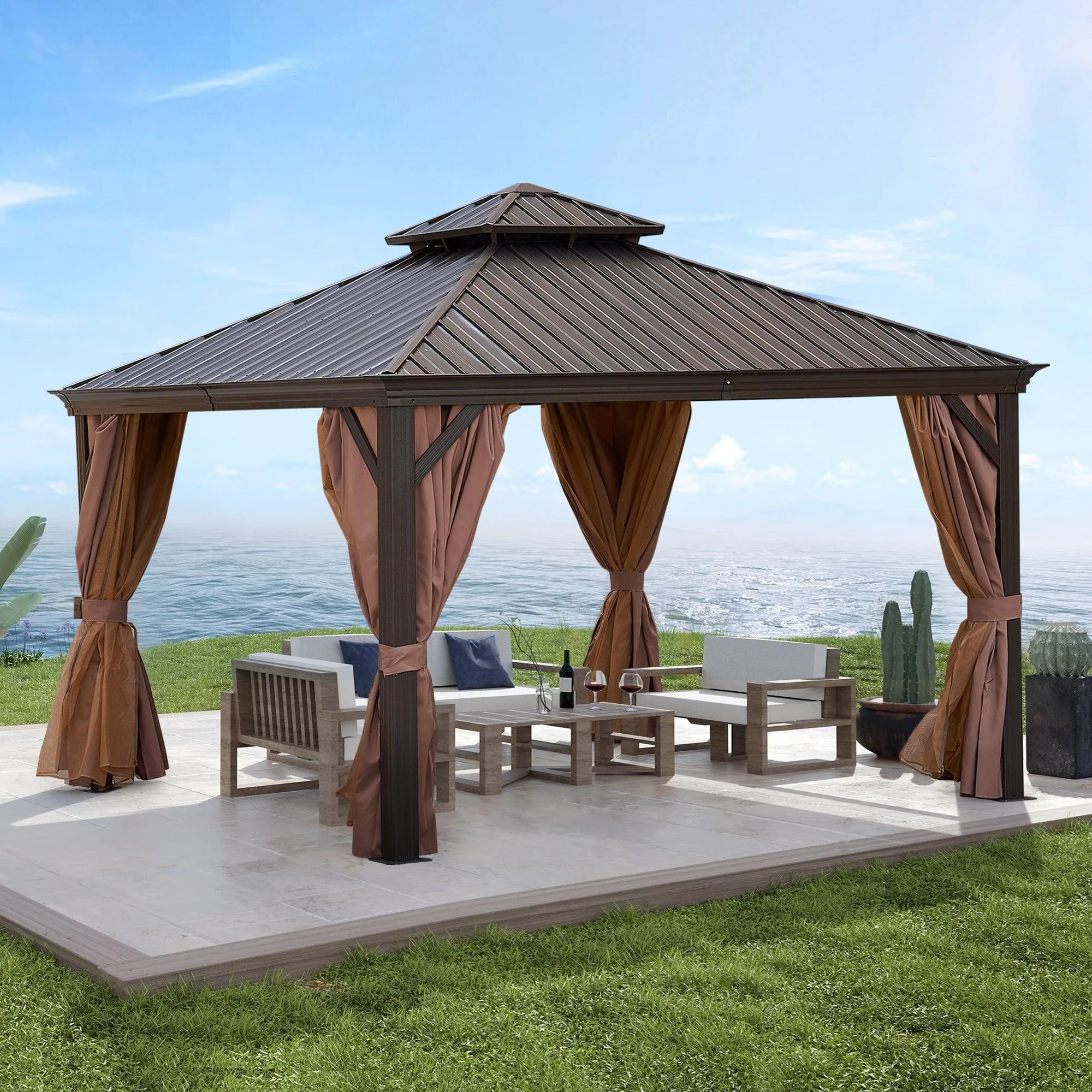 12*12FT Gazebo with steel canopy, Outdoor Permanent Hardtop Gazebo Canopy for Patio