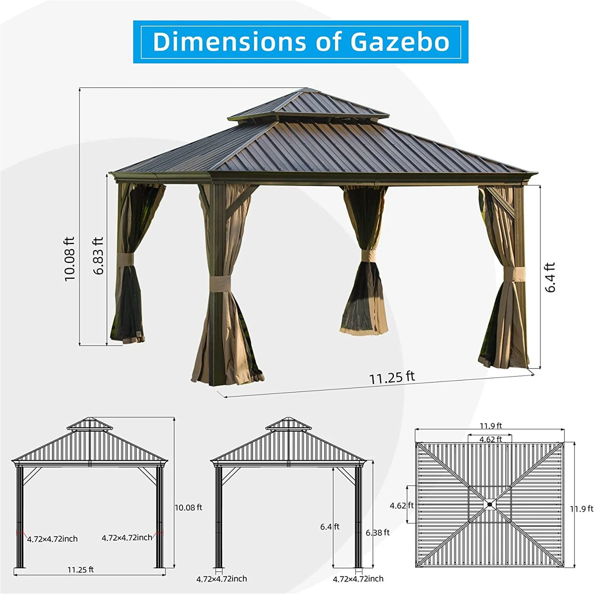 12'x12' Hardtop Gazebo, Outdoor Aluminum Frame Canopy with Galvanized Steel Double Roof, Brown