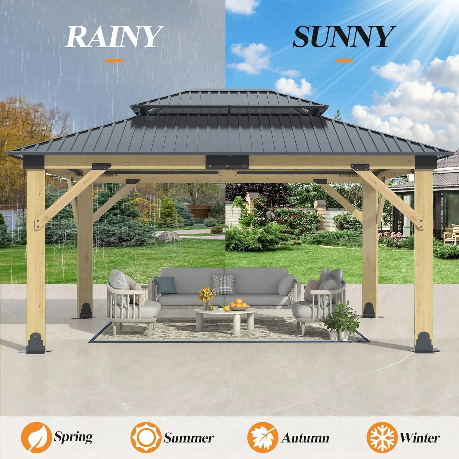 13’X15’ Outdoor Wooden Gazebo - Patio Galvanized Steel Gazebo with Double Vented Roof, Heavy-Duty Cedar Wood Gazebo for Garden, Lawn, Poolside, Backyard Deck