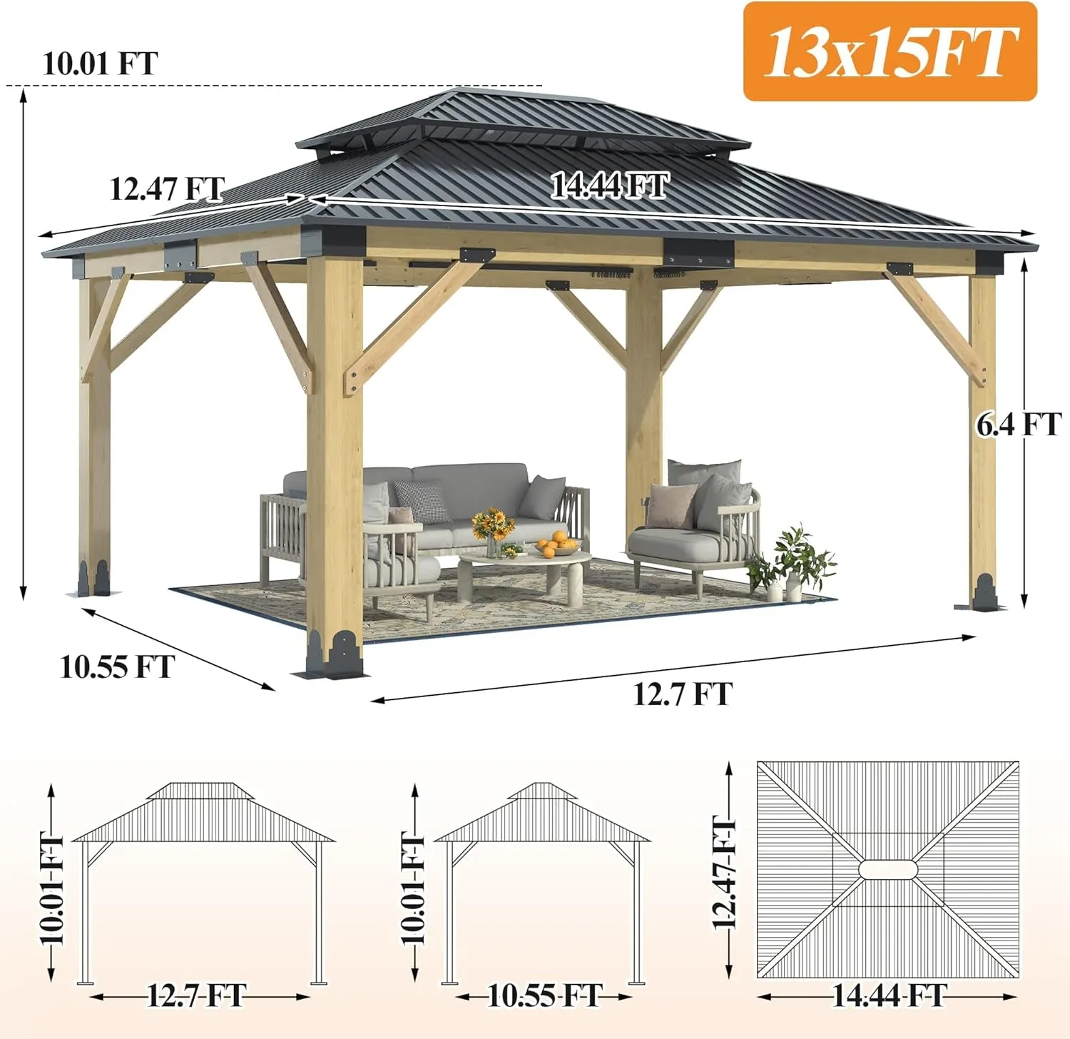 13’X15’ Outdoor Wooden Gazebo - Patio Galvanized Steel Gazebo with Double Vented Roof, Heavy-Duty Cedar Wood Gazebo for Garden, Lawn, Poolside, Backyard Deck