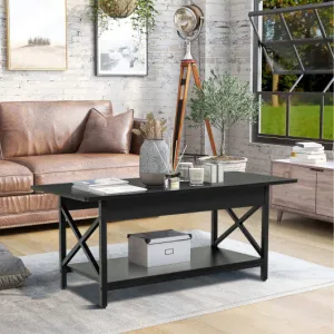 2-Tier Industrial Rectangular Coffee Table with Storage Shelf-Black