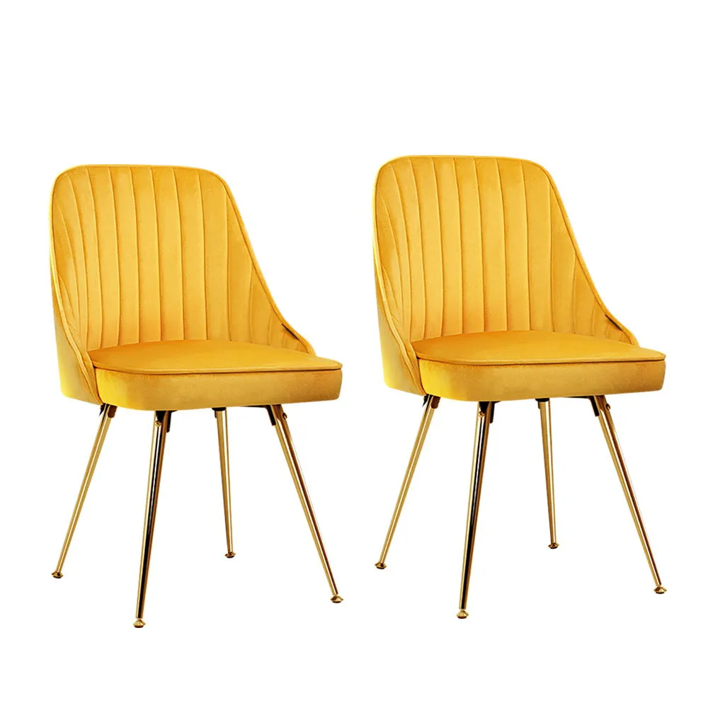 2x Dining Chairs Retro Single Sofa Chair Metal Legs Velvet Modern Metal Legs Yellow