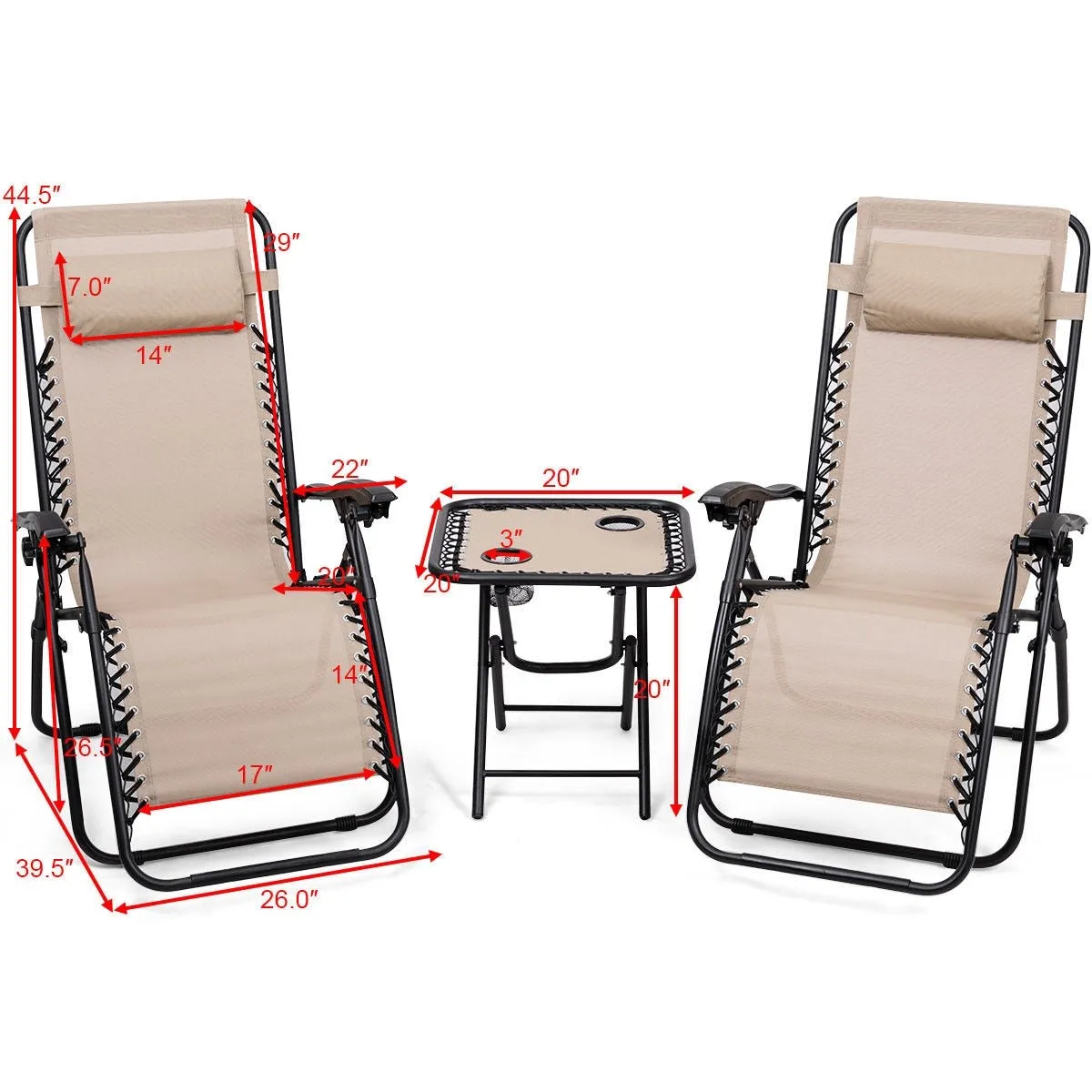 3 Pieces Folding Portable  Reclining Lounge Chairs Table Set