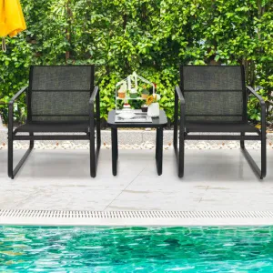 3 Pieces Patio Bistro Furniture Set with Glass Top Table Garden Deck-Black