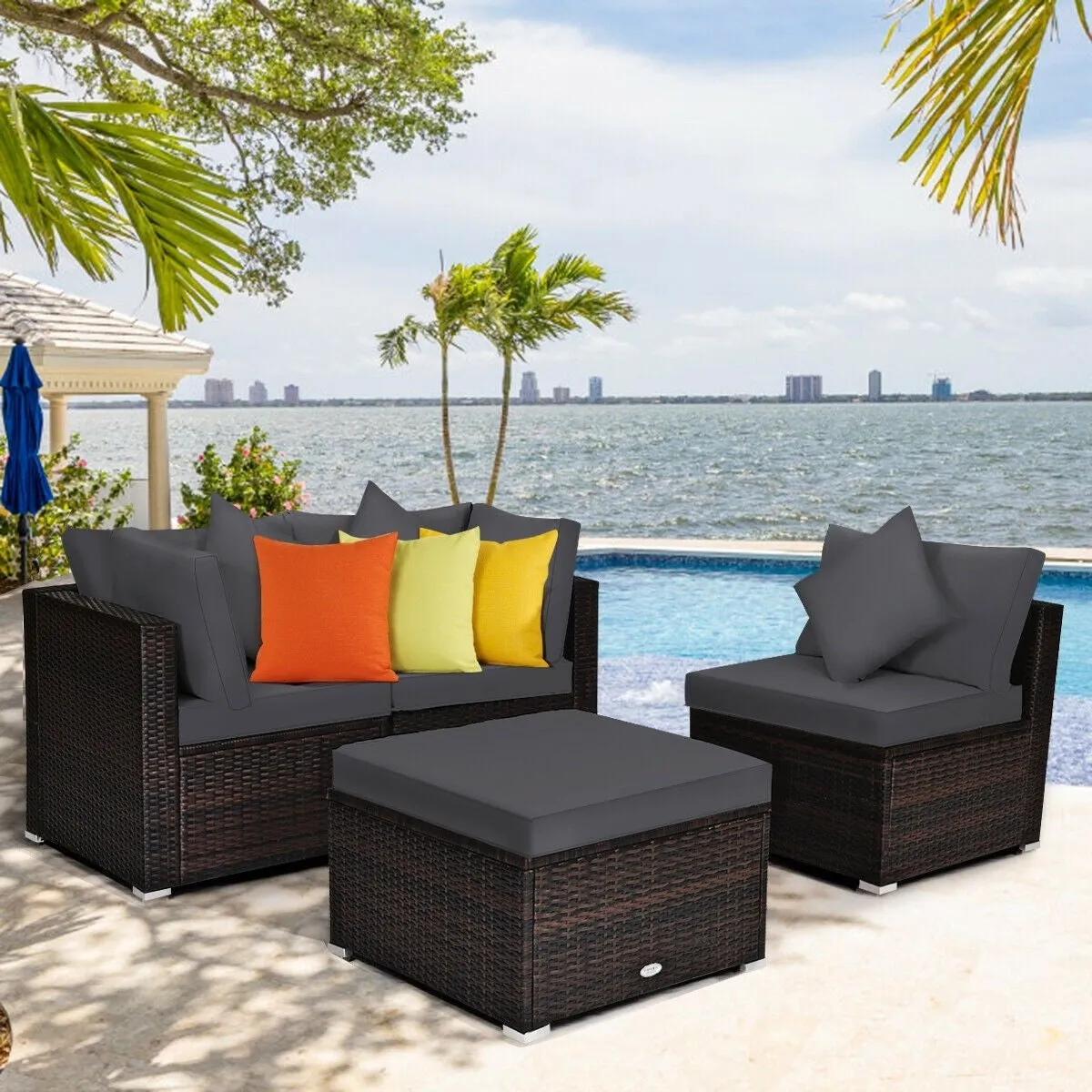 4pc Wicker Rattan Patio Cushioned Sofa Set - Gray