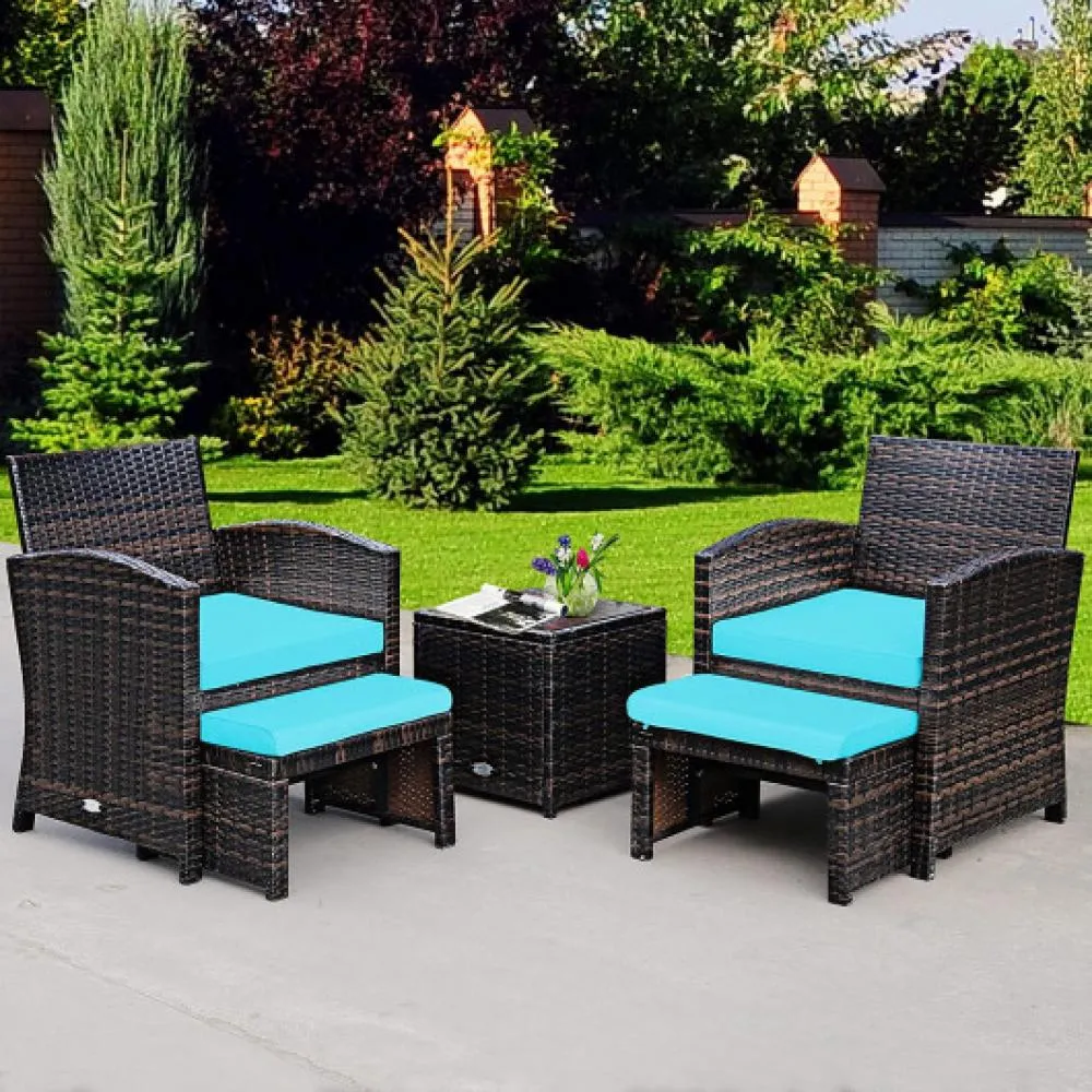 5 Pieces Patio Rattan Furniture Set with Ottoman and Tempered Glass Coffee Table-Turquoise