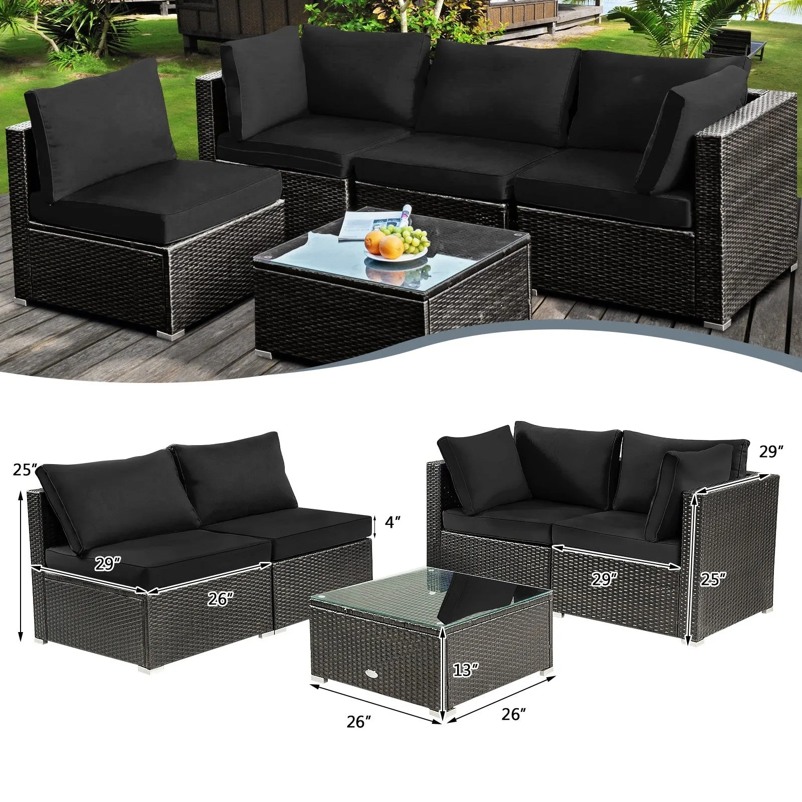 5pc Wicker Rattan Cushioned Patio Furniture Set - Black