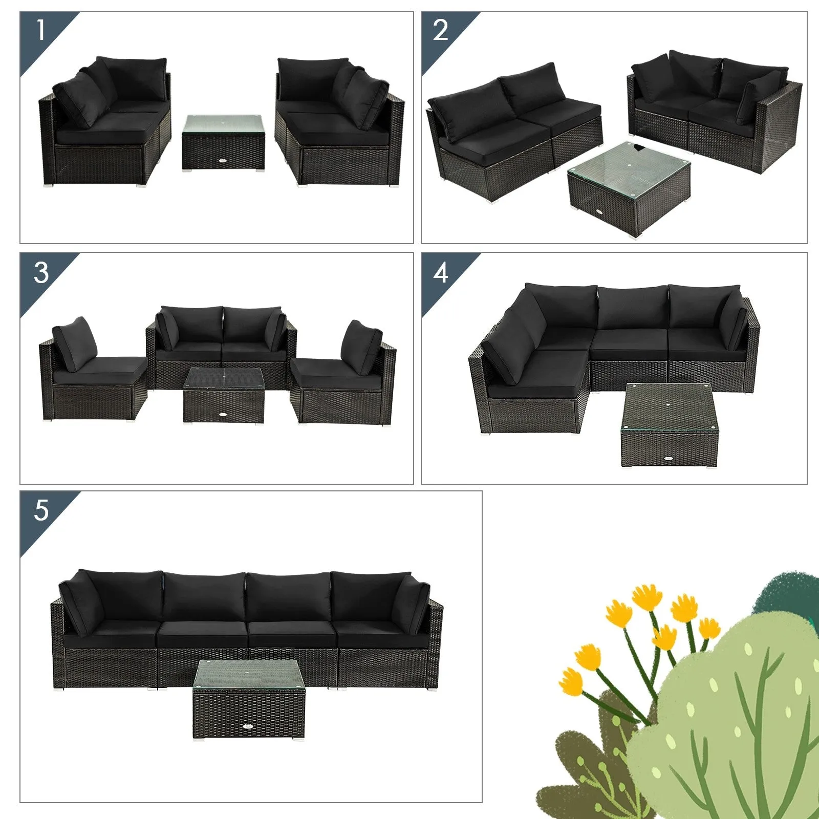 5pc Wicker Rattan Cushioned Patio Furniture Set - Black