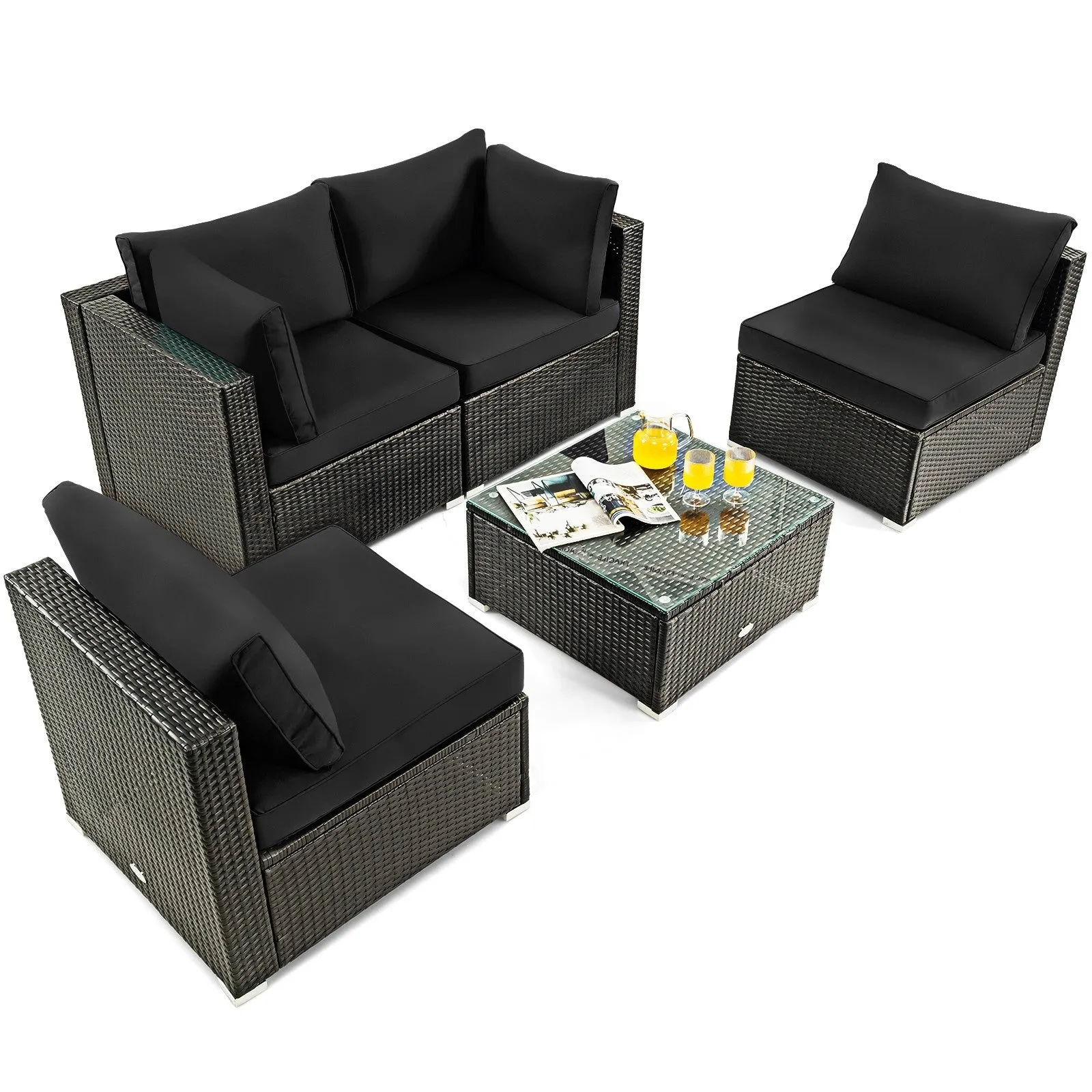 5pc Wicker Rattan Cushioned Patio Furniture Set - Black