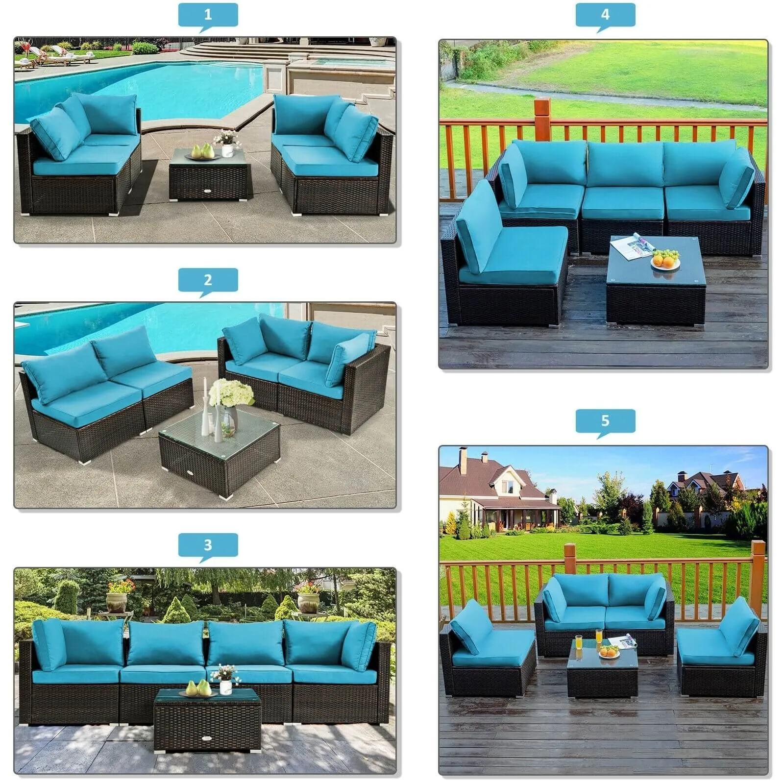 5pc Wicker Rattan Cushioned Patio Furniture Set - Turquoise