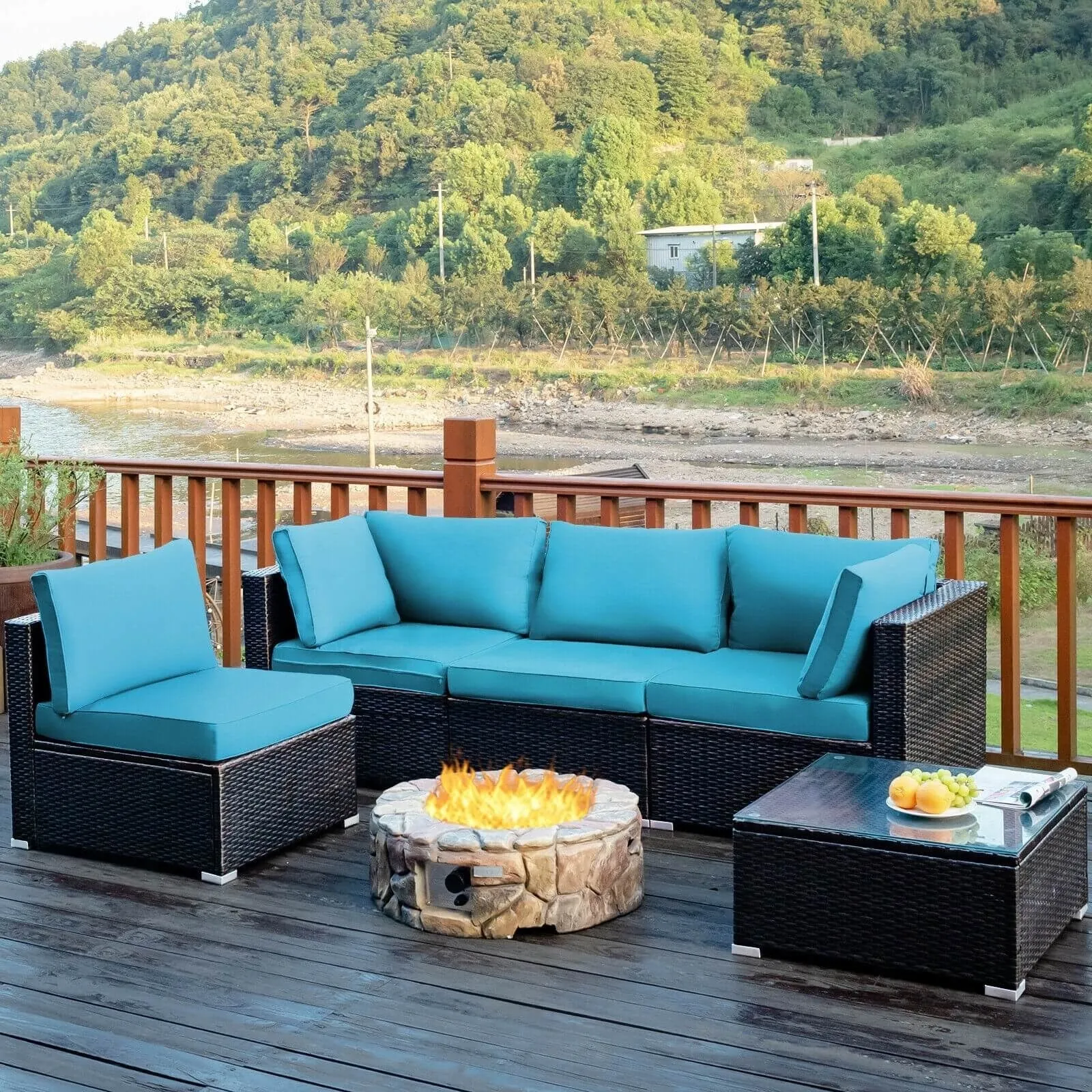 5pc Wicker Rattan Cushioned Patio Furniture Set - Turquoise