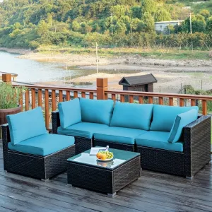 5pc Wicker Rattan Cushioned Patio Furniture Set - Turquoise