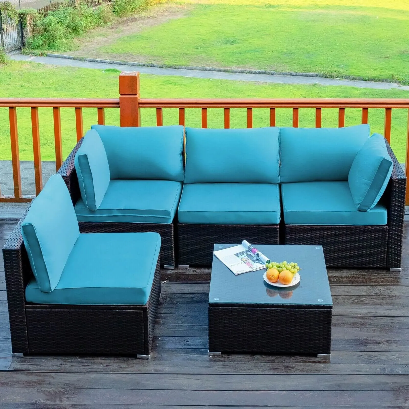 5pc Wicker Rattan Cushioned Patio Furniture Set - Turquoise