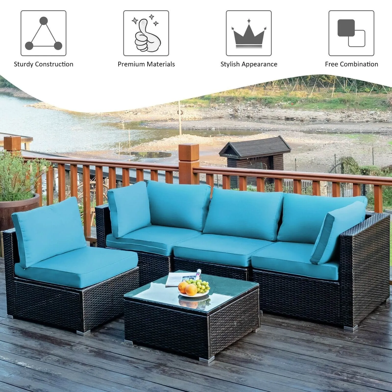 5pc Wicker Rattan Cushioned Patio Furniture Set - Turquoise