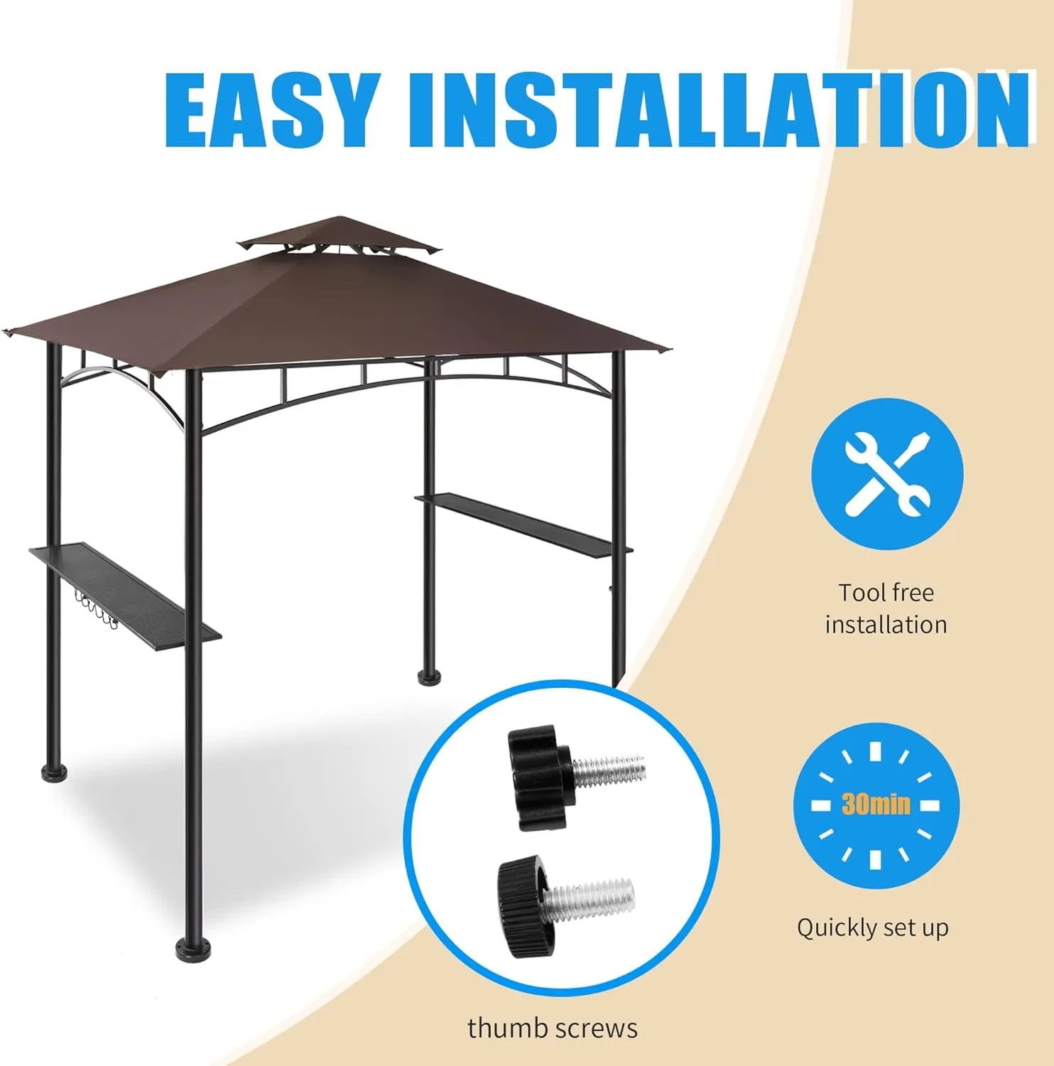 5X8Ft Grill Gazebo Canopy for Patio, Outdoor BBQ Gazebo with Shelves & Extra 2 LED Light, (Brown)