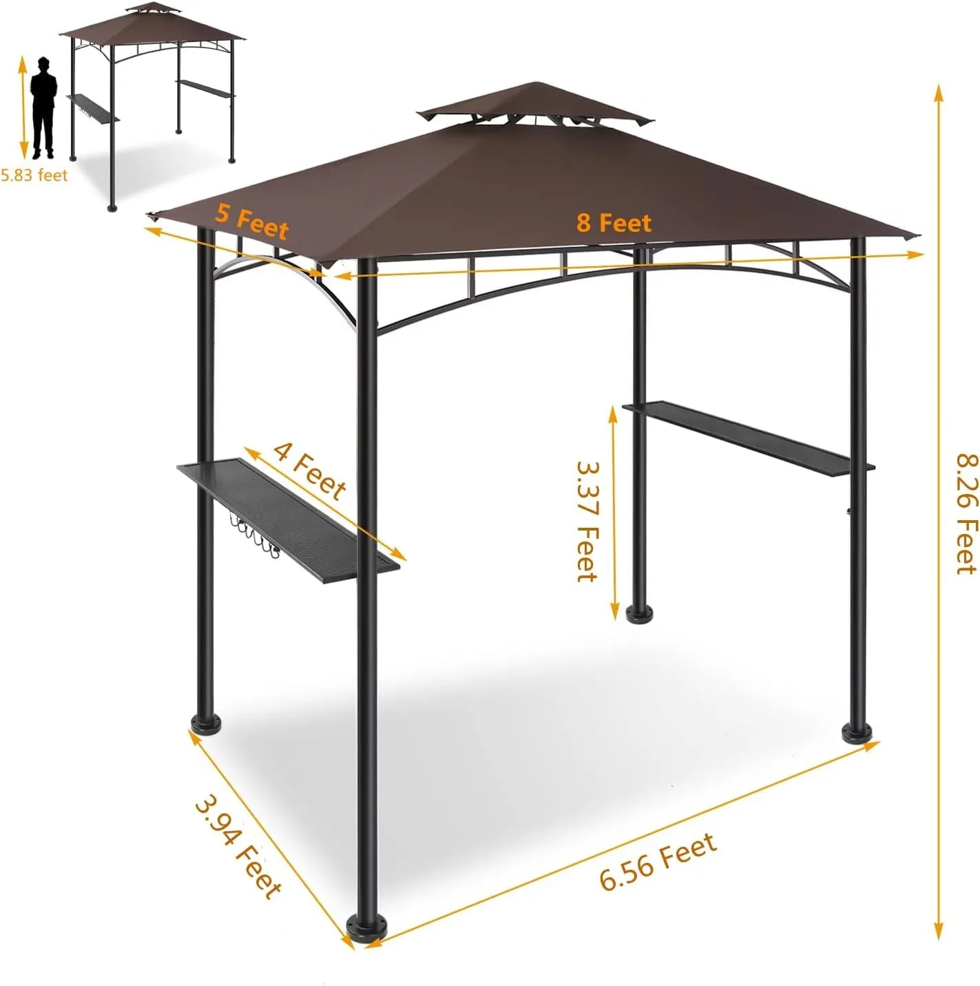 5X8Ft Grill Gazebo Canopy for Patio, Outdoor BBQ Gazebo with Shelves & Extra 2 LED Light, (Brown)