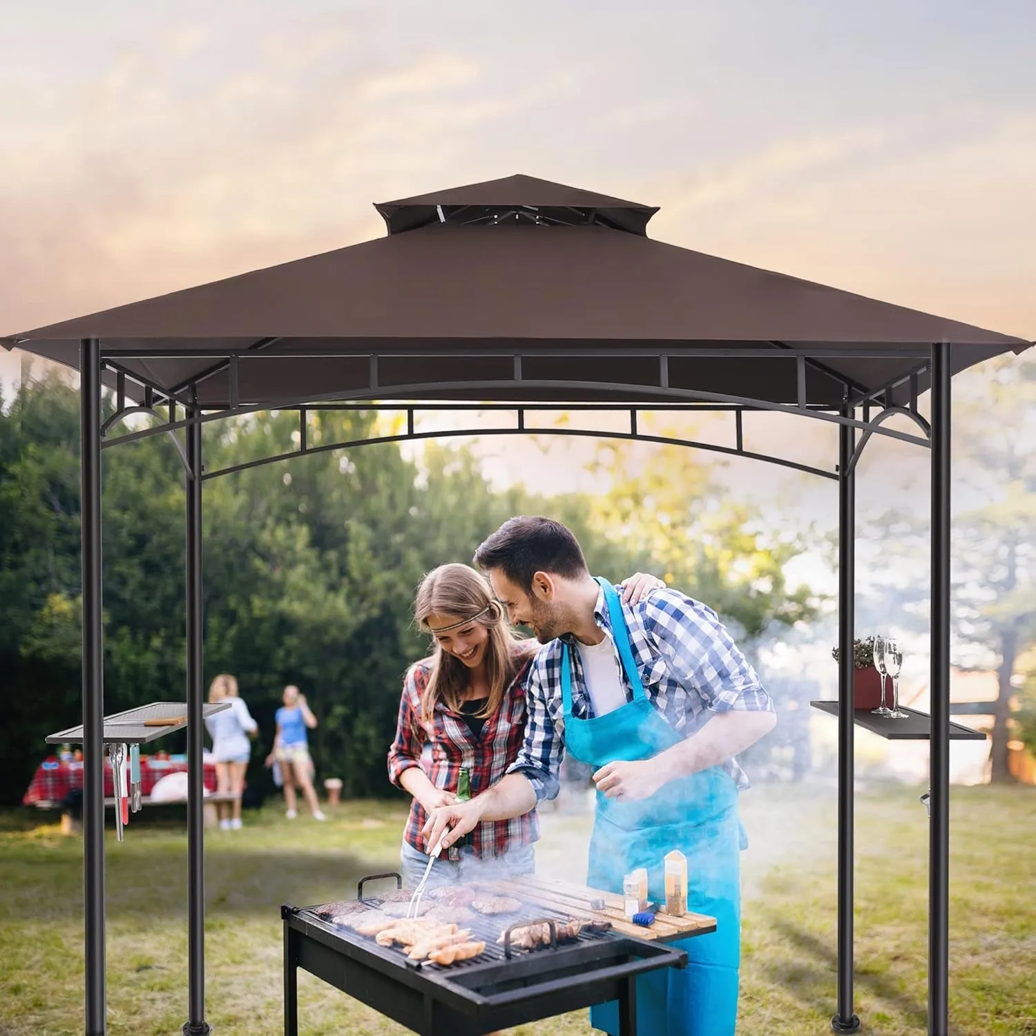 5X8Ft Grill Gazebo Canopy for Patio, Outdoor BBQ Gazebo with Shelves & Extra 2 LED Light, (Brown)