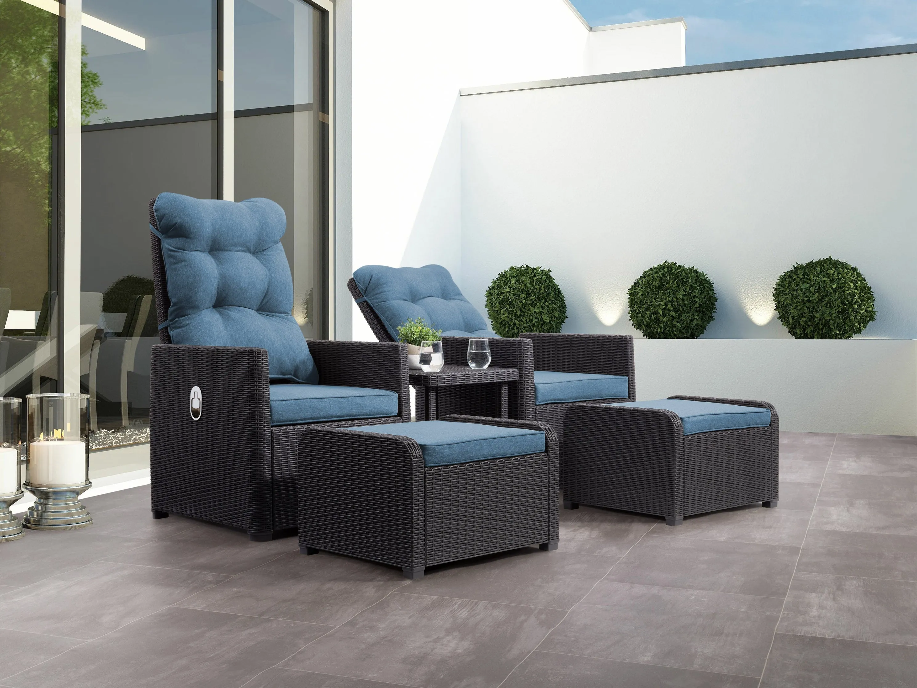 Black and Blue 5pc Patio Recliner and Ottoman Set