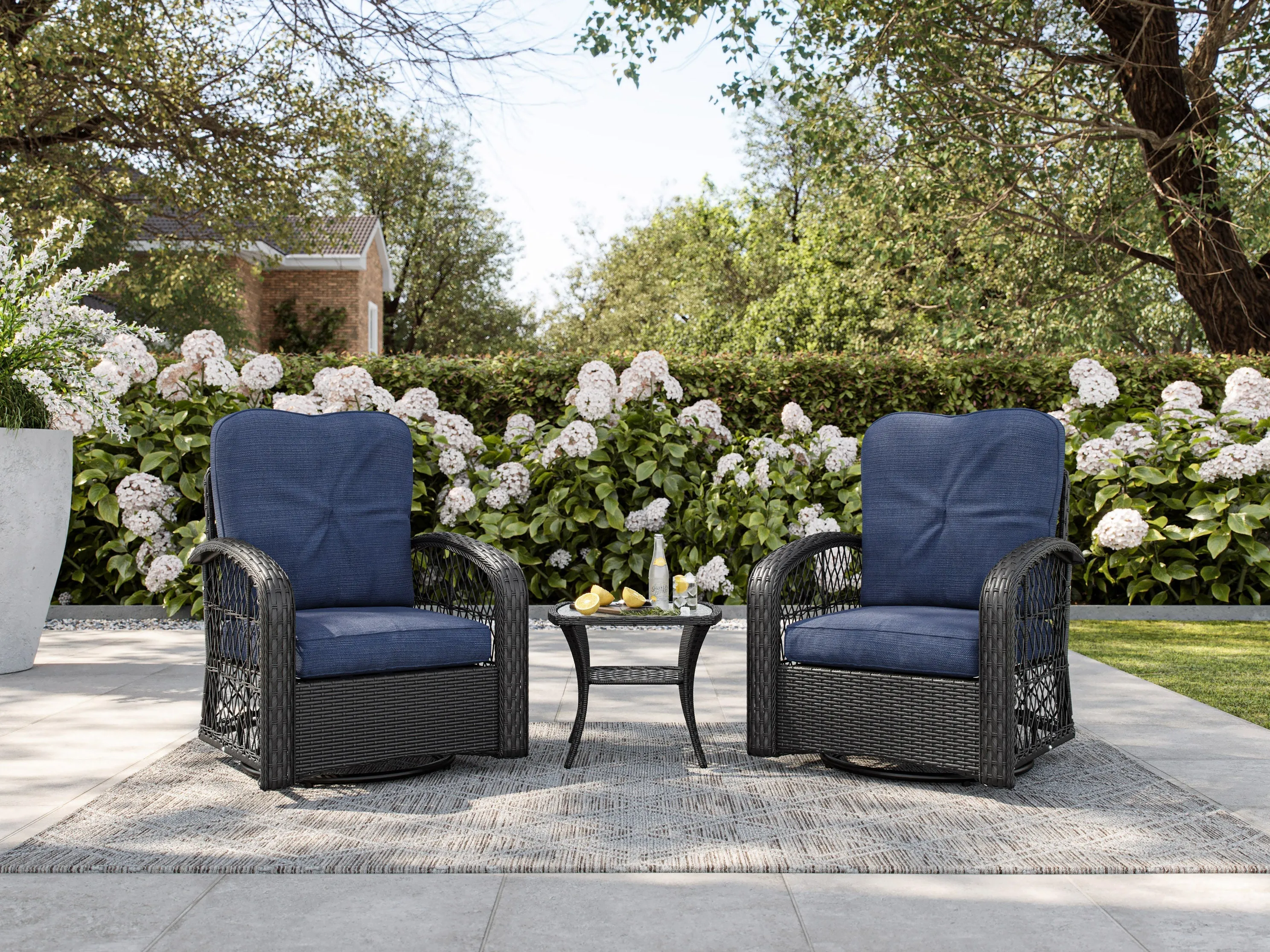 Blue Swivel Patio Chairs Set, 3pc